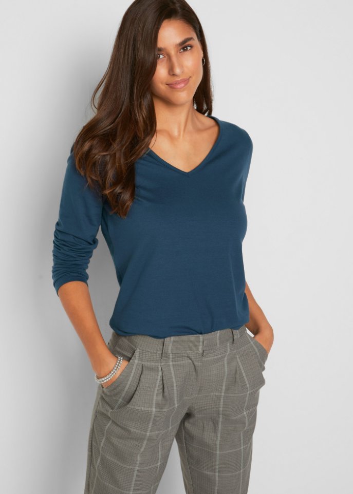 Langarmshirt mit V-Ausschnitt (2er Pack)