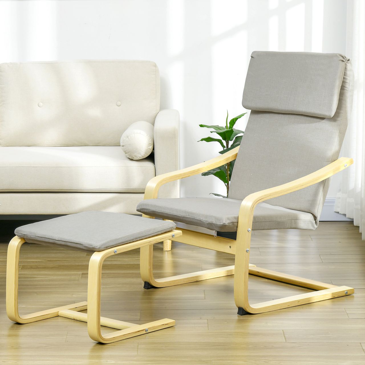 HOMCOM Relaxsessel mit Fußhocker Armlehnensessel Leinenbezug Holzgestell Braun