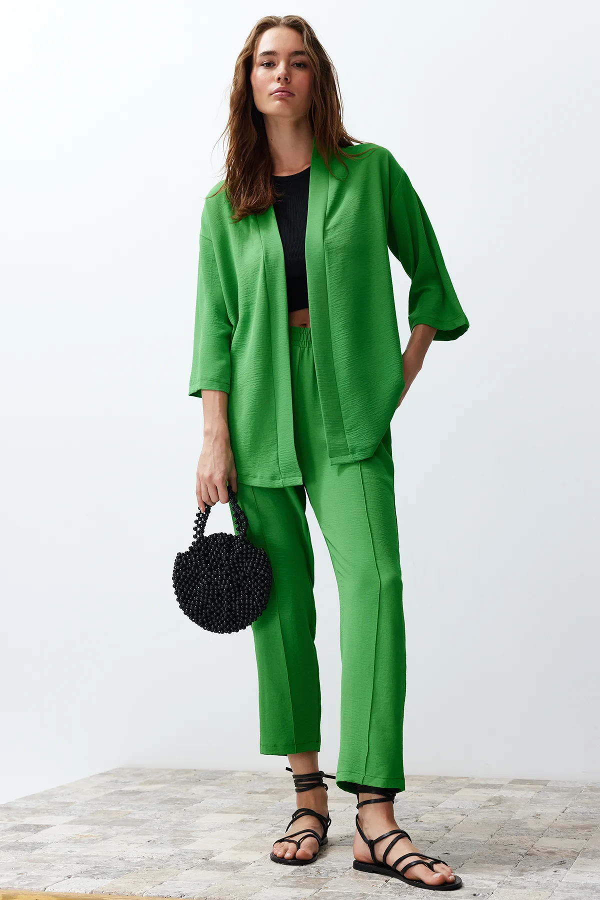 Trendyol Collection  Grünes gewebtes Kimono-Hosen-Unterteil-Oberteil-Set TWOSS24AU00037