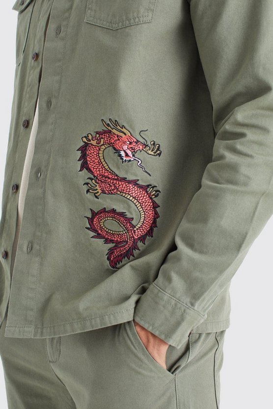 Langärmliges Overshirt mit Drachen-Stickerei