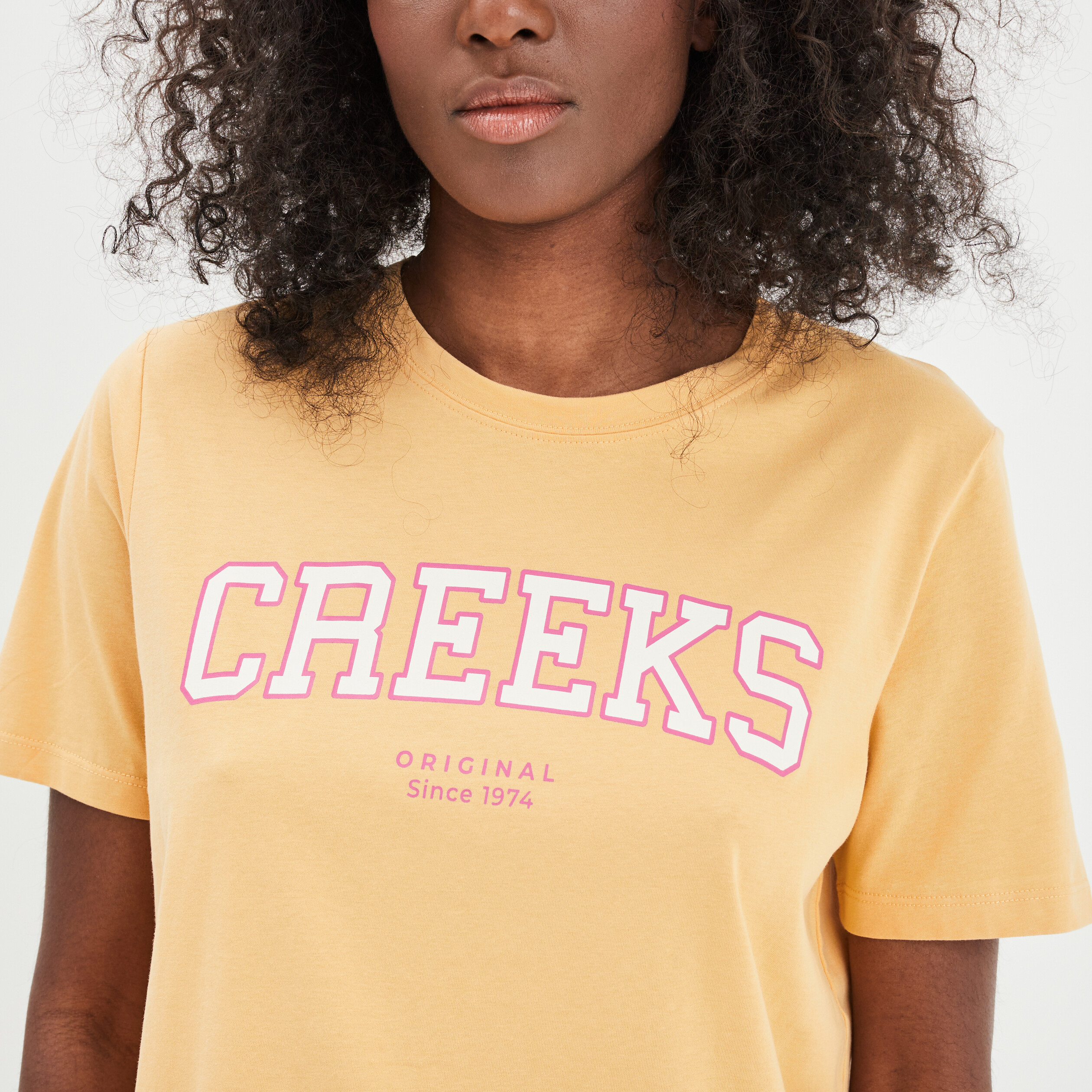 T-shirt oversize col rond coton Creeks jaune femme | La Halle