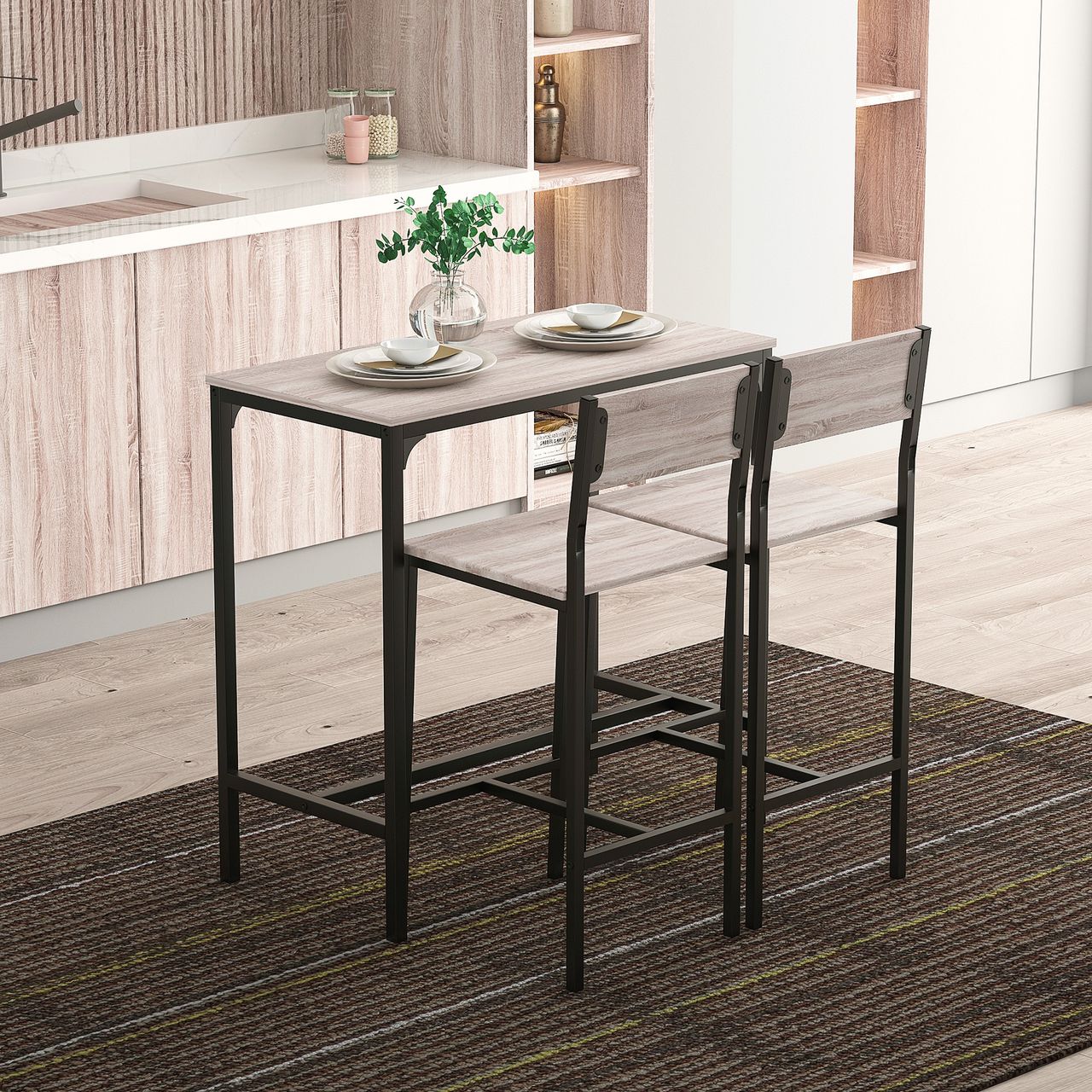 HOMCOM Bartisch Set 3-teilig, Esstisch mit 2 Barhocker, Küchentresen mit Barstühlen, Essgruppe, Sitzgruppe für Küche, Esszimmer und Bistro, Metallgestell, MDF, Natur  Schwarz, 89 x 45 x 87 cm