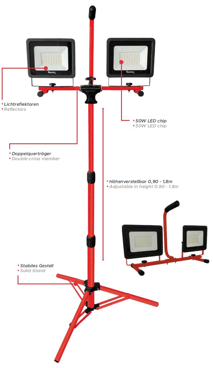 BOXTEC LED 100W (2x50W) Arbeitsleuchte, Baustrahler auf Teleskopstativ, abnehmbar, 5m Gummikabel