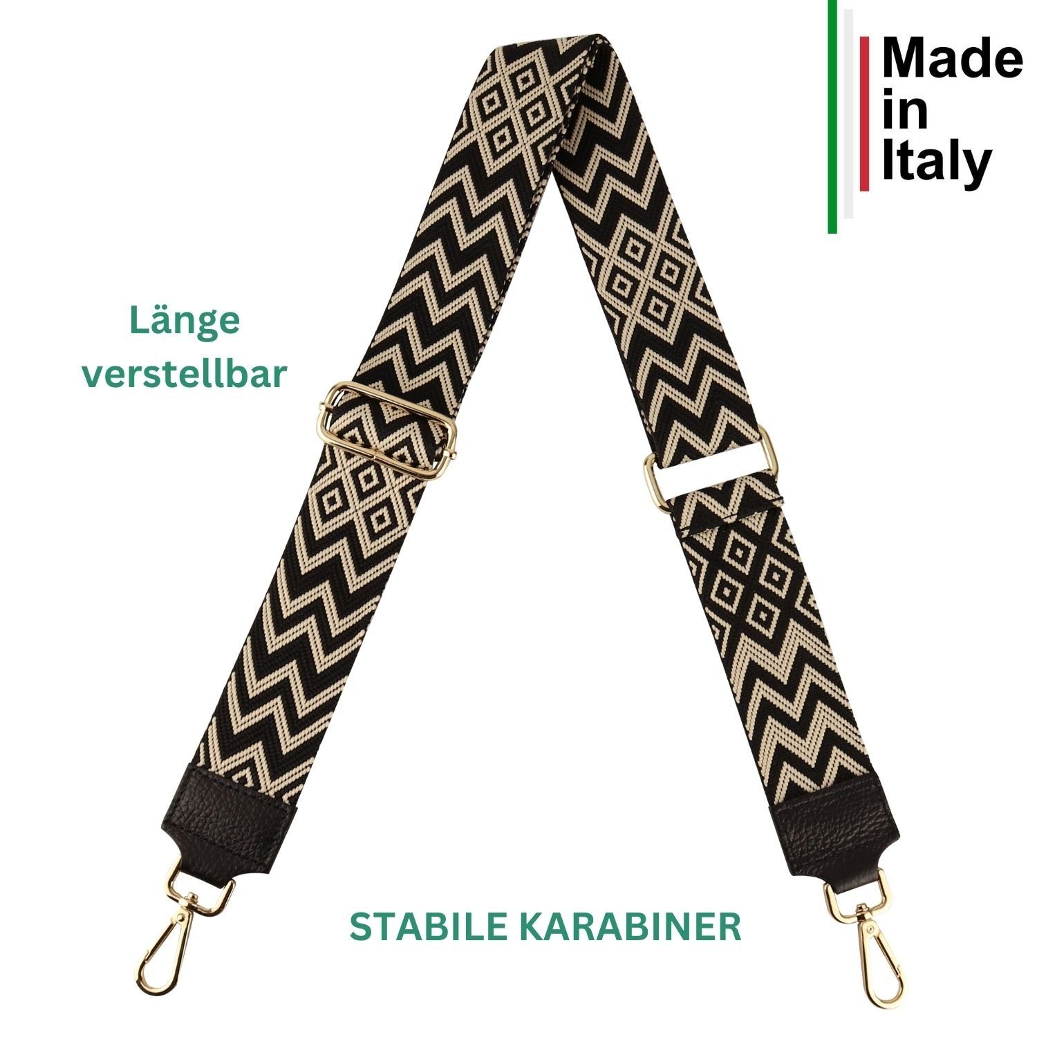 MIRROSI Bauchtasche Damen, Echtleder, Leder, Made in Italy, Umhängetasche, Brusttasche, (Schultertasche für jeden Anlass (1 Tasche & 2 Gurte), 3 Größen auswählbar; Goldene Karabiner), Crossbody Bag, Schwarz, gemusterten& verstellbaren Schulterriemen