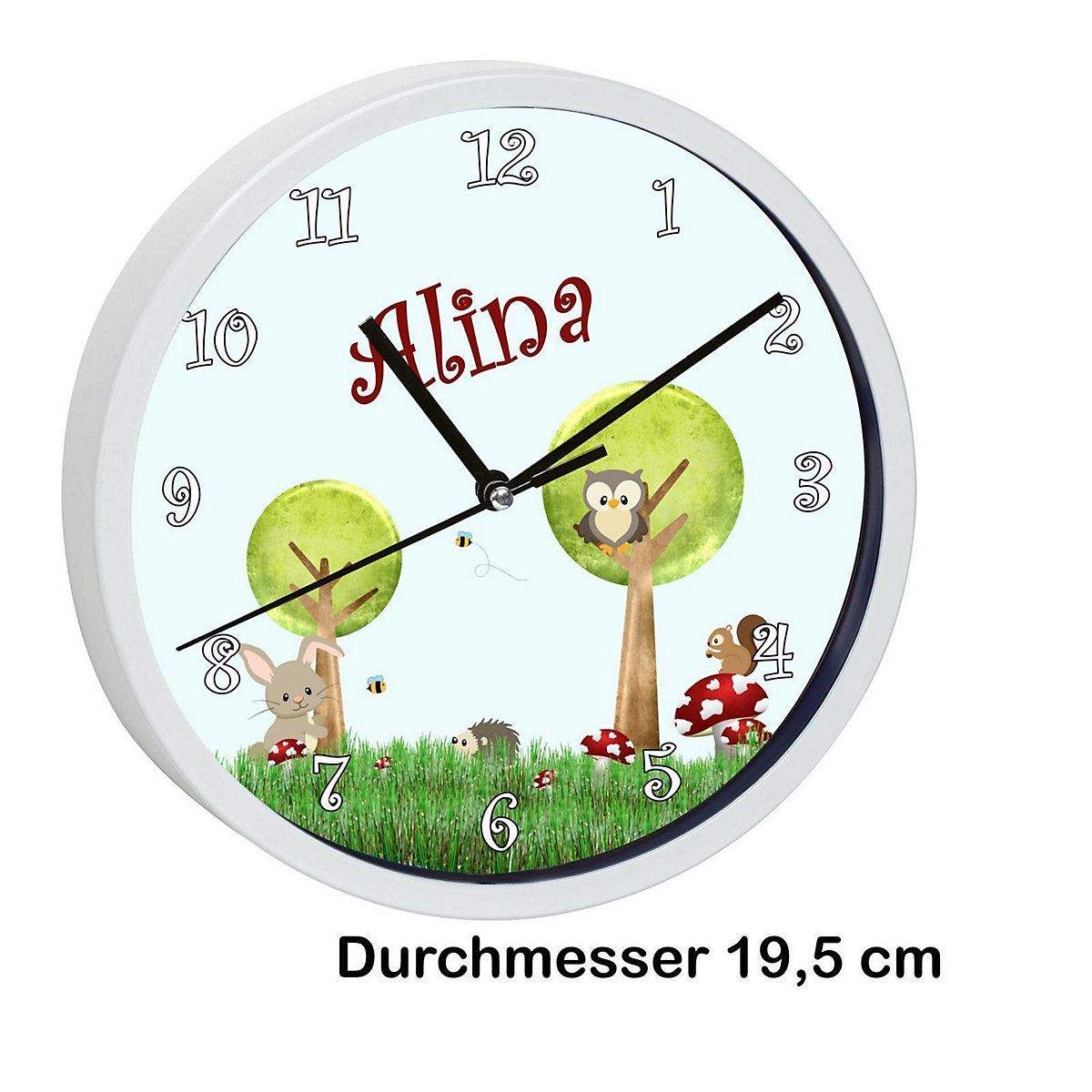 Kinder Wanduhr laufruhig personalisiert mit Name Waldwiese