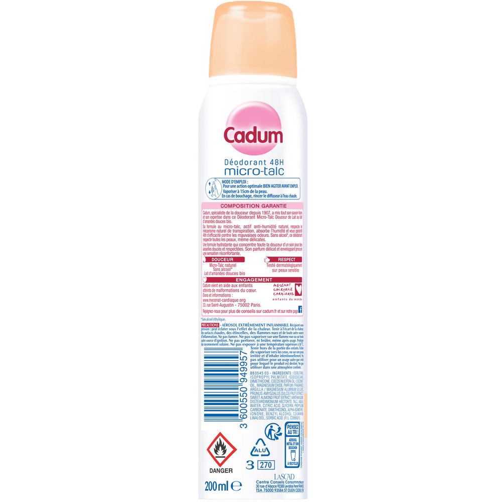 cadum Cadum Déodorant 48h micro-talc Déodorant au Lait d'Amandes Douces Bio