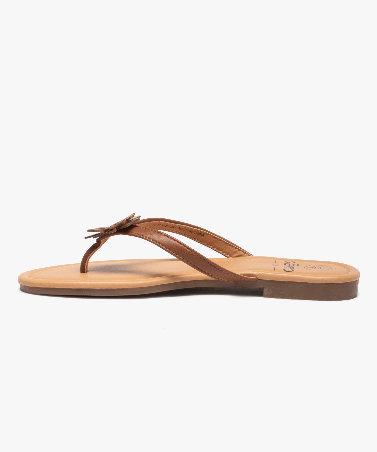 Tongs femme à petit talon plat et fleur sur l’entre-doigts marron | GEMO