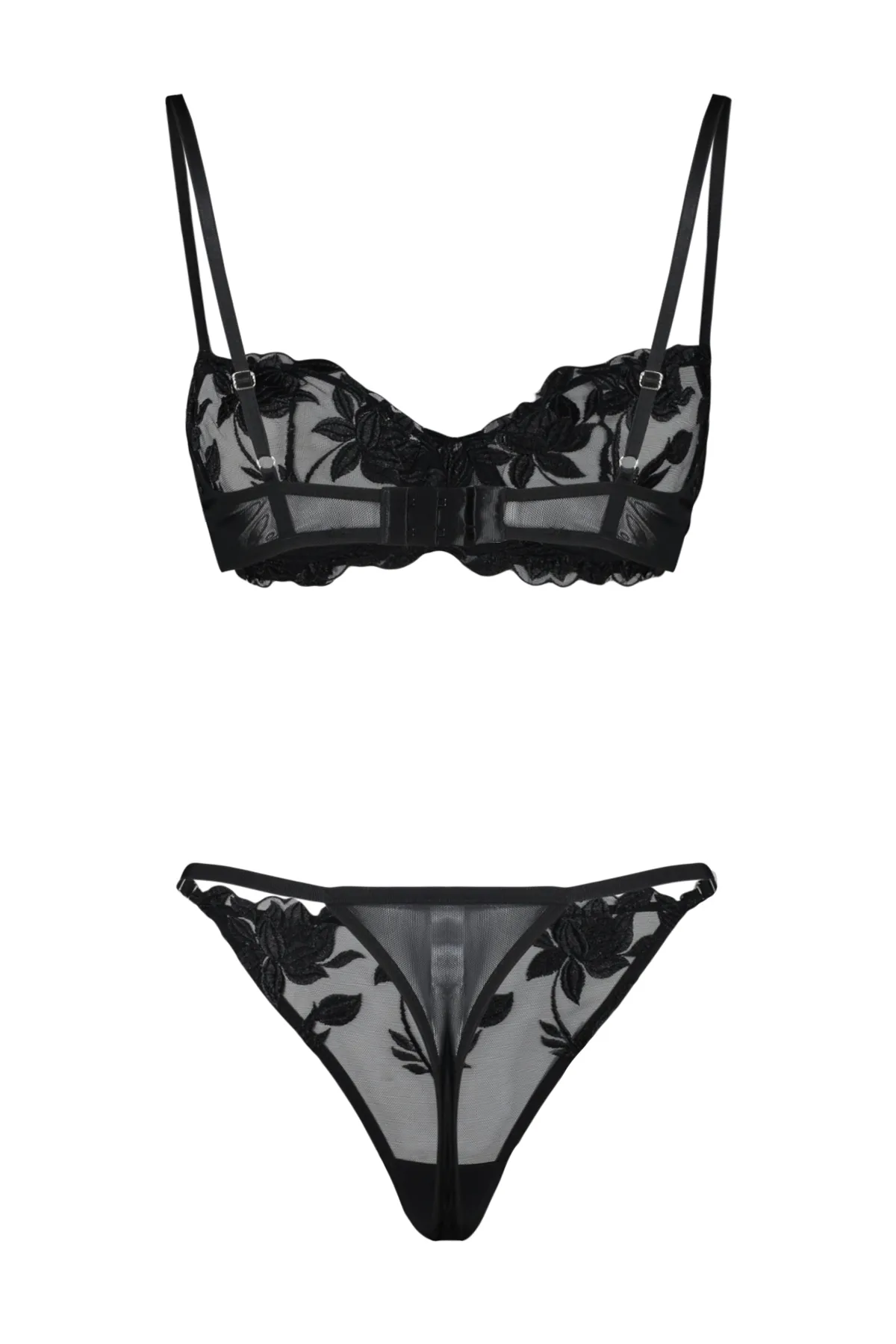 Trendyol Collection  Schwarzes, besticktes Spitzenunterwäsche-Set mit String-Trägern und Kappe aus Strick THMAW24CC00012