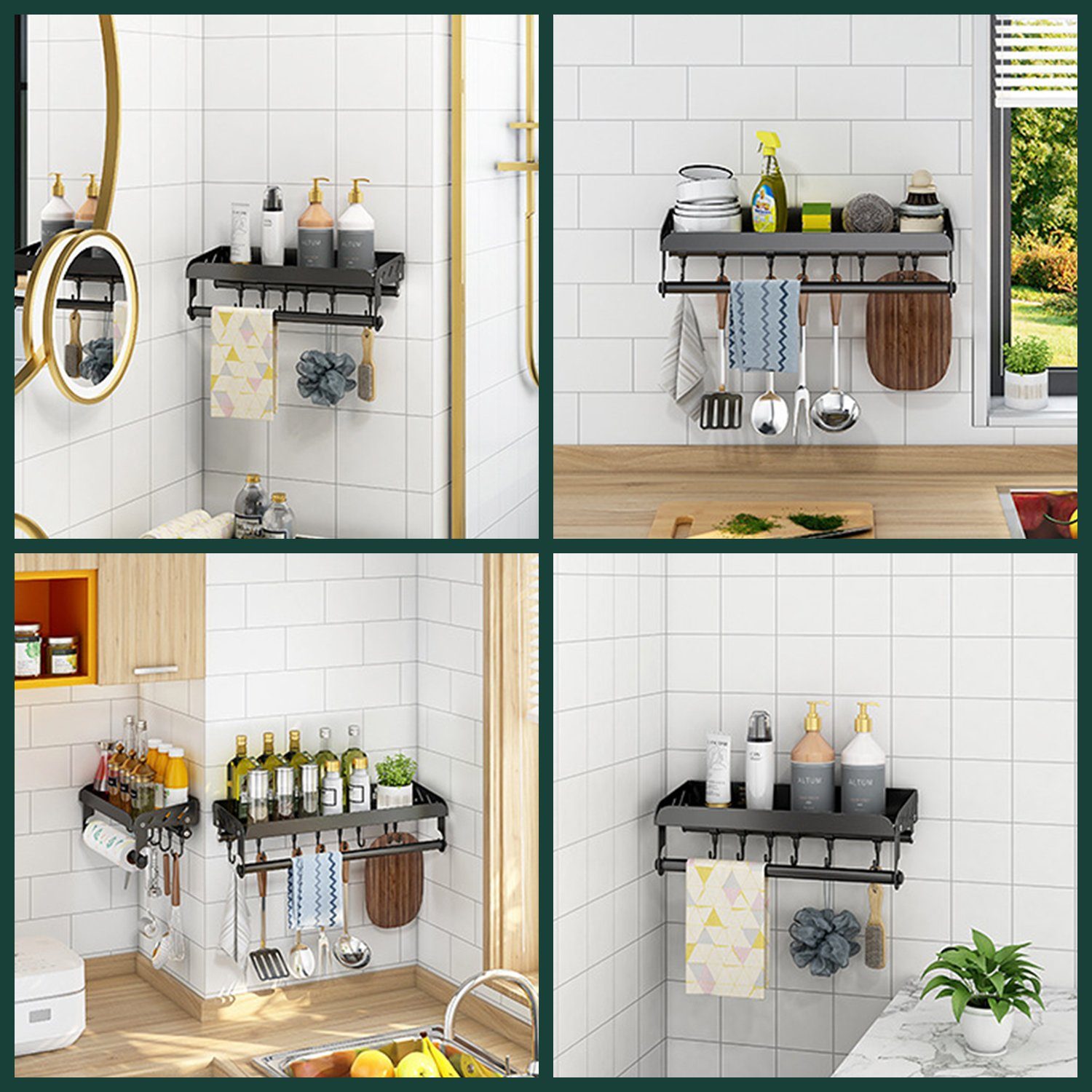 Vicbuy Gewürzregal mit Küchenrollenhalter, Küchenregal, Edelstahlregal, Kühlschrank Regal, 40cm Lagerregal mit 8 Haken und Stange, Wandregal ohne Bohren, für die Küche