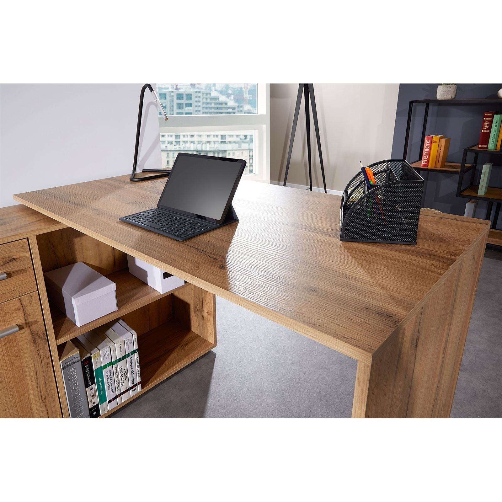 CARO-Möbel Eckschreibtisch DIEGO, Eckschreibtisch mit Regal Büro Arbeits Computertisch Winkelschreibtisc