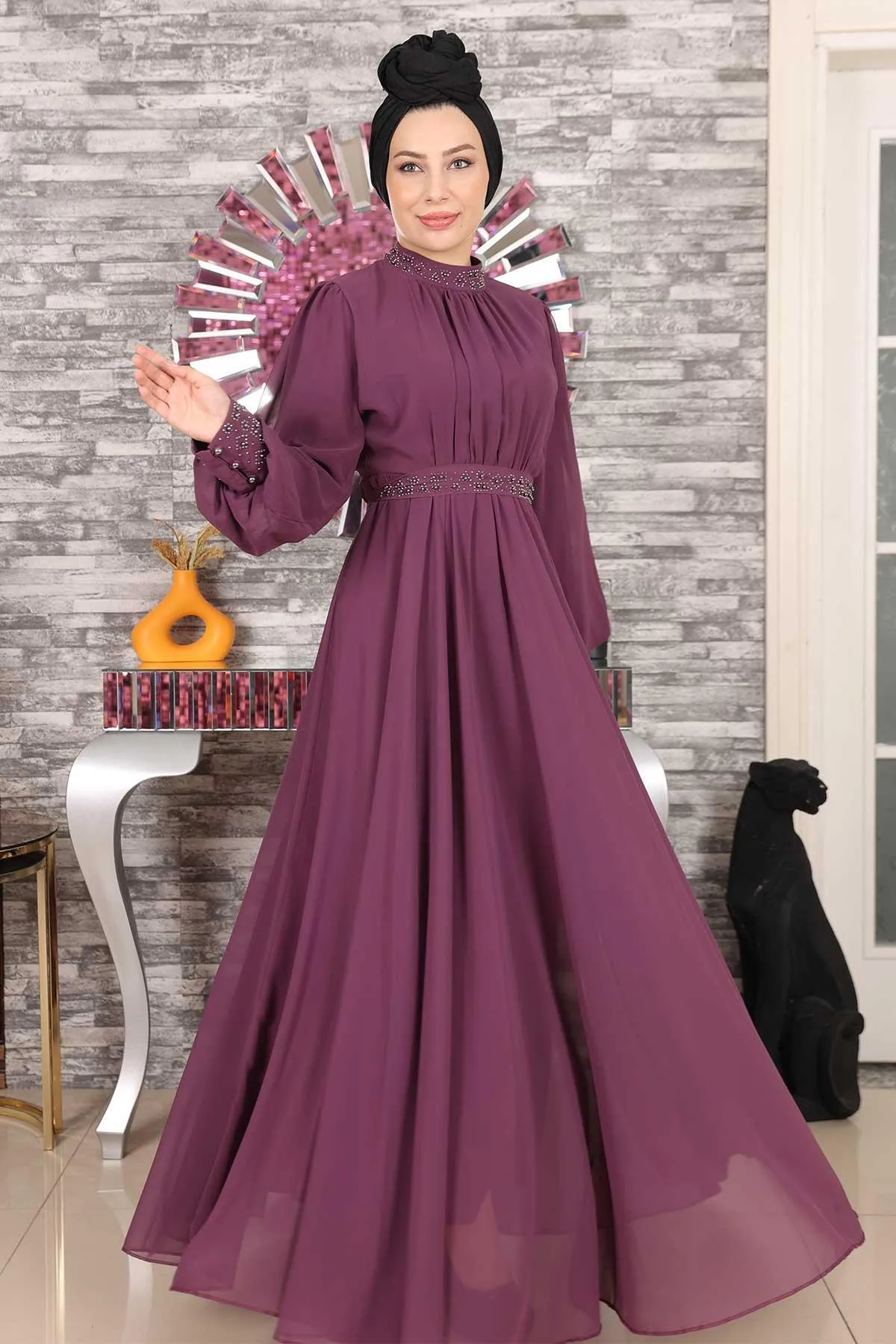 Modamihram  Steindetailliertes Chiffon-Abendkleid Pflaume 19109