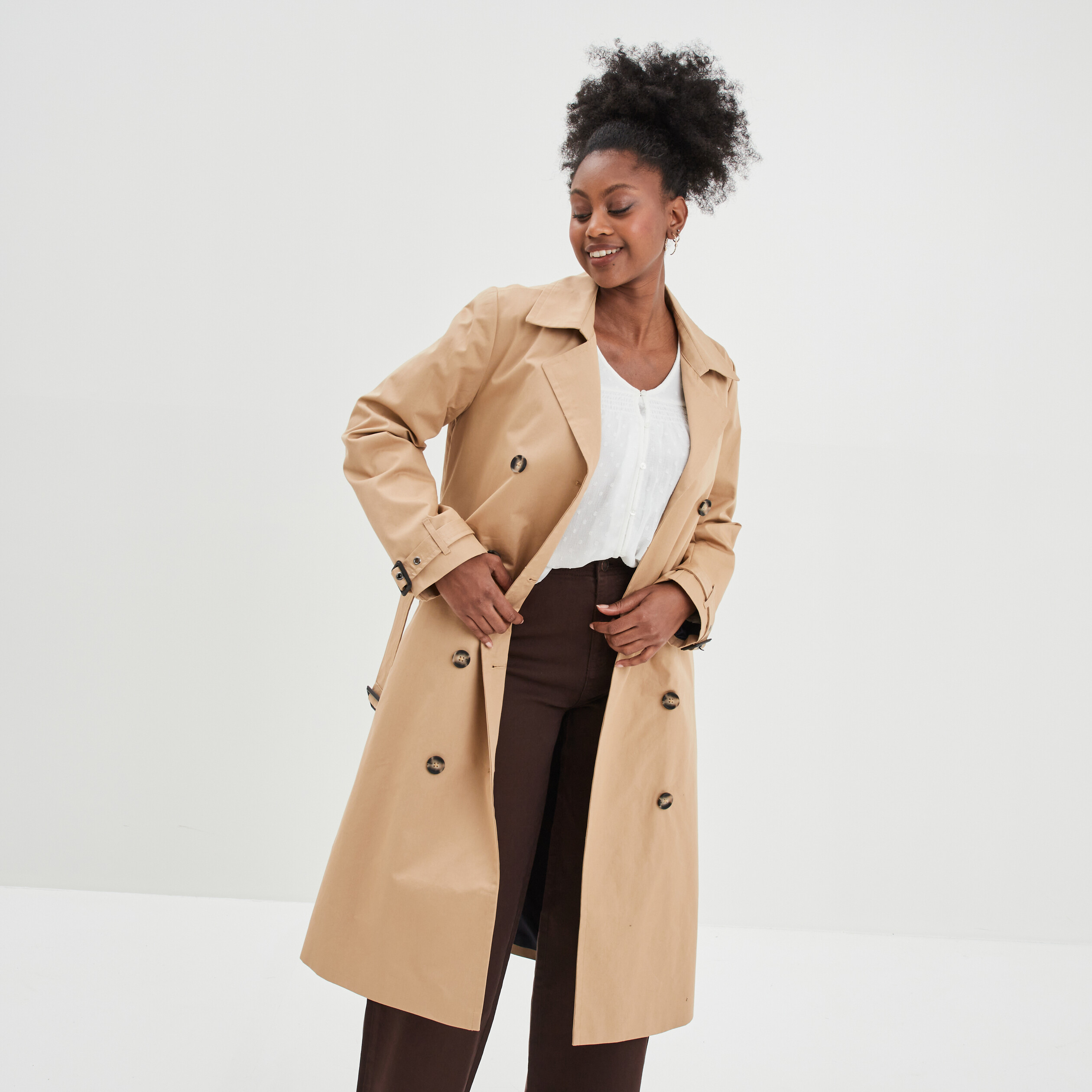 Trench long oversize ceinturé beige femme | La Halle