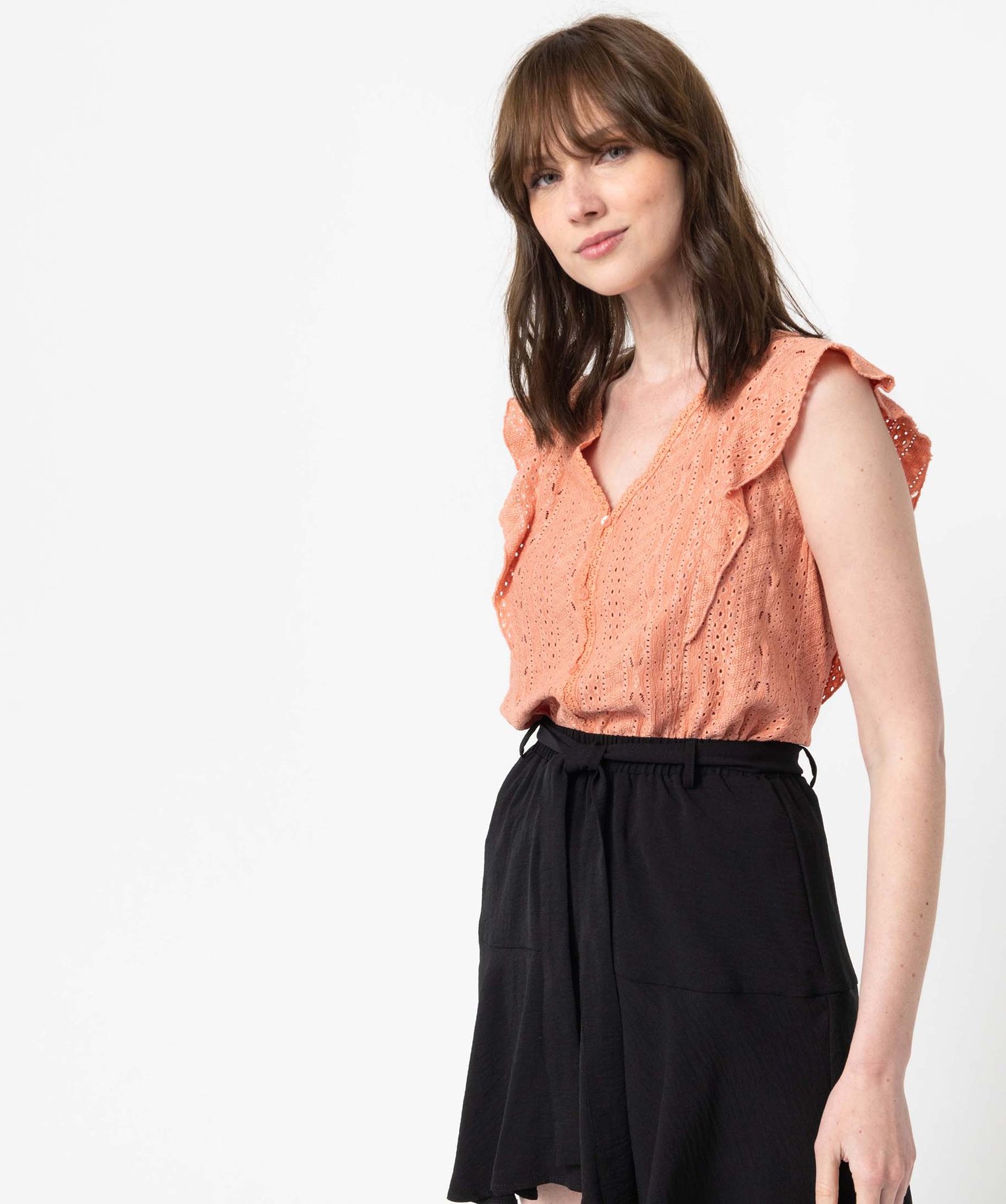 Tee-shirt sans manches en maille ajourée extensible rose | GEMO