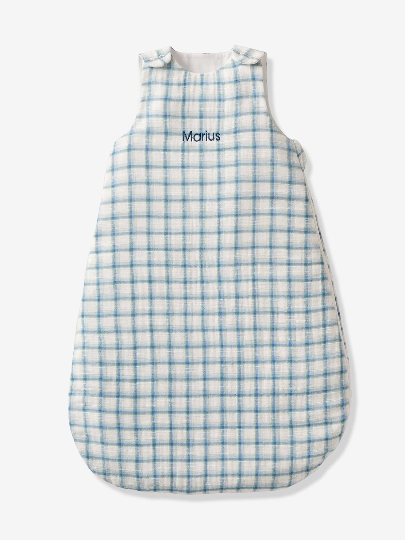 Gigoteuse spécial été en gaze de coton CARREAUX personnalisable Oeko-Tex® bleu