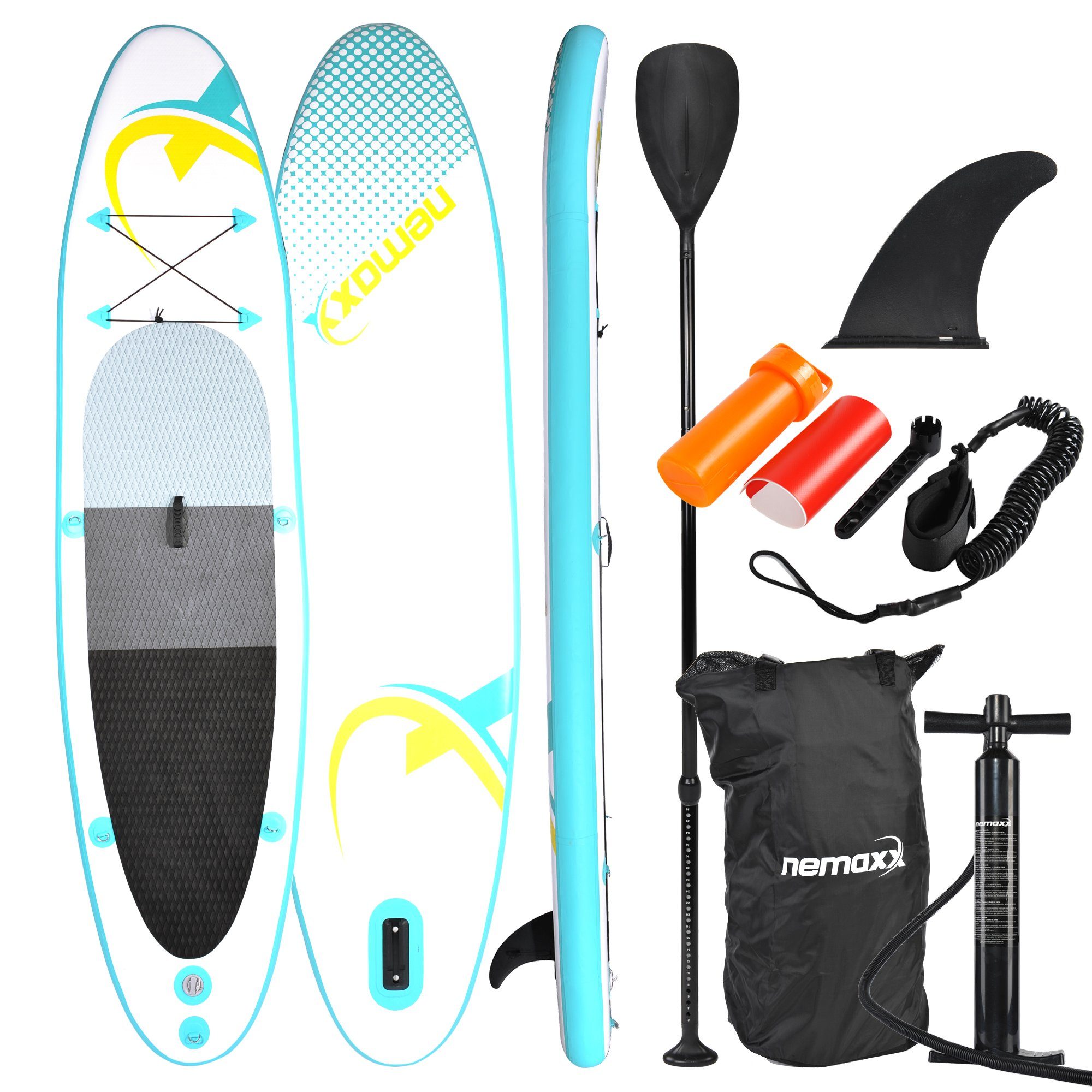 NEMAXX Inflatable SUP-Board, Nemaxx PB320 Stand up Paddle Board 320x78x15cm, türkis/gelb - Surfbrett, Surf-Board - aufblasbar & leicht zu transportieren - inkl. Tasche, Paddel