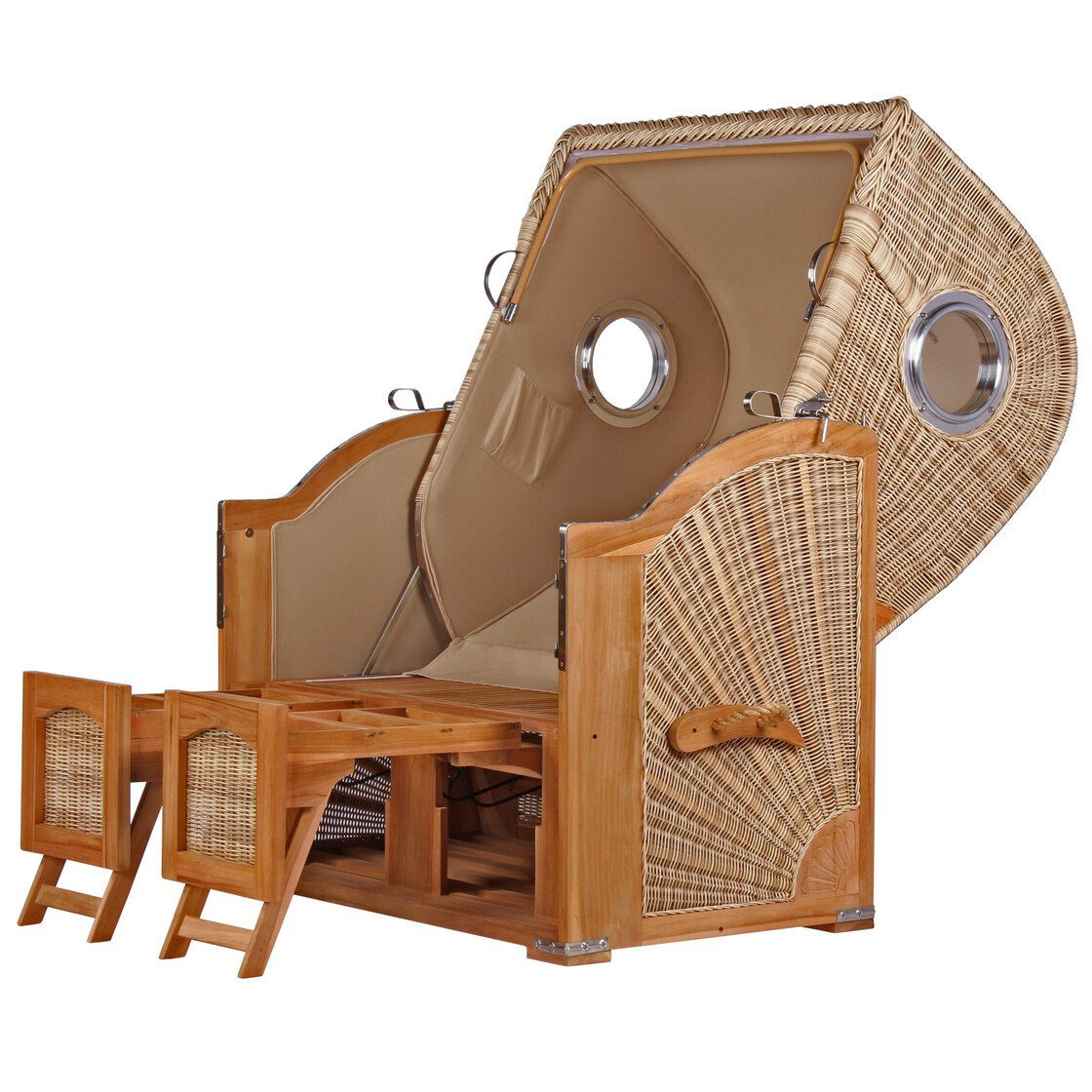 bene living Strandkorb Ammersee 2-Sitzer Teak - PE shell - Modell 548, BxTxH: 125x80x165 cm, Volllieger ca. 175 Grad, Ostsee-Strandkorb, inkl. Liftersystem und Bullaugen