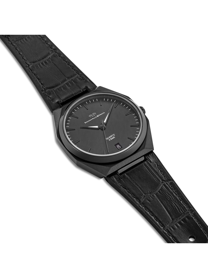Rhodenwald & Söhne Herren Quarzuhr schwarz Echtleder/Silikon schwarz in schwarz günstig kaufen 21,5 cm