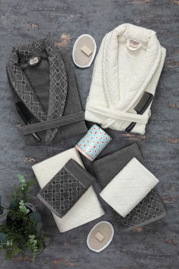 Güvenal  Hayal 12-teiliges Jacquard-Bademantel-Set | Bademantel | Handtuch und Handtuch-Set | Badezimmer-Aussteuer-Set