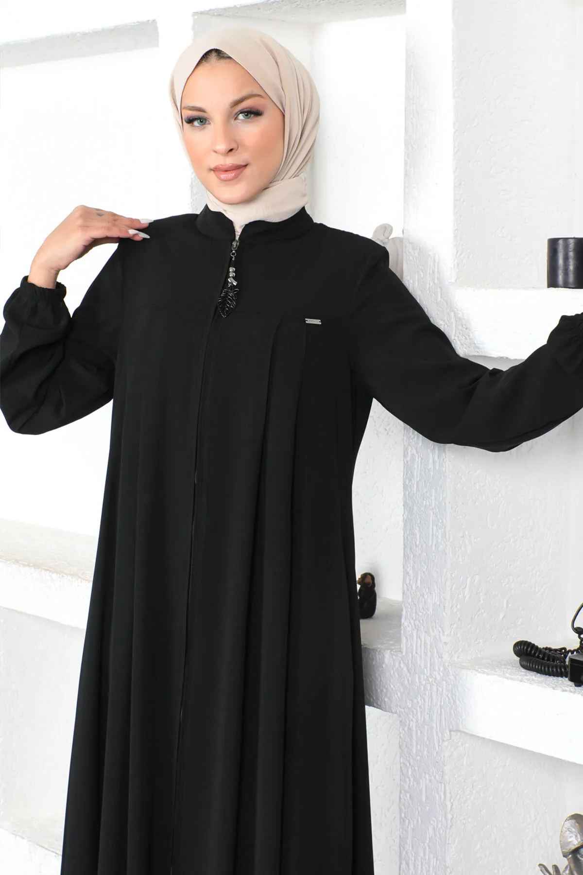 Tesettür Dünyası  Hijab Abaya mit elastischen Ärmeln Tsd230334 Schwarz