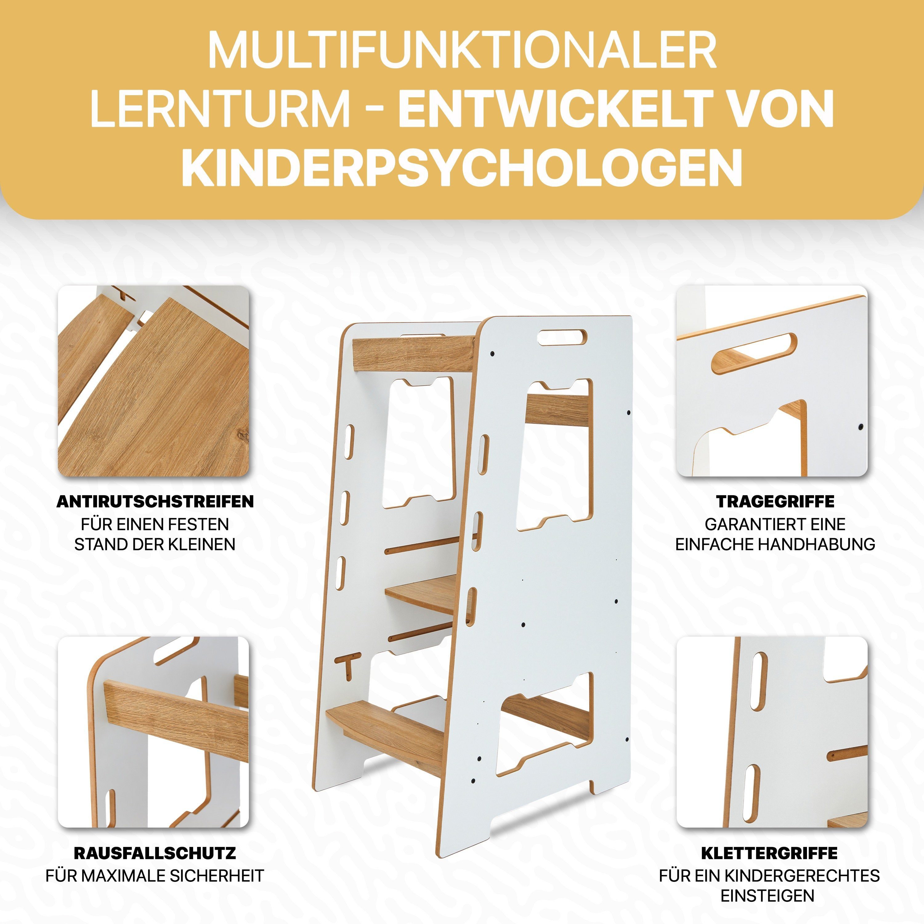 BoomDing Stehhilfe BoomDing Lernturm - Lernturm für Kinder mit 1 Jahr höhenverstellbar, Stabil und sicher, mit Rausfallschutz, mit Kippschutz, Montessori