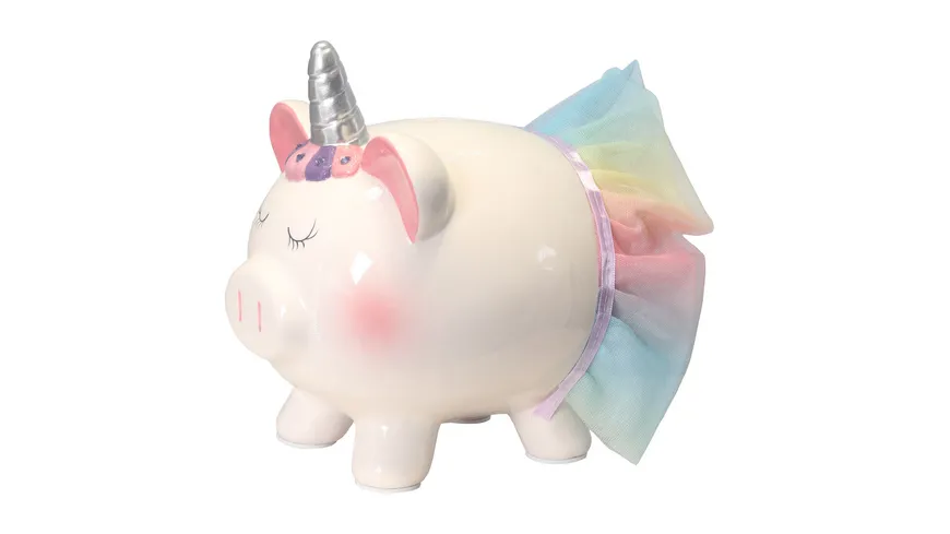 TRENDSHOP Sparschwein Ballerina mit Regenbogen-Rock