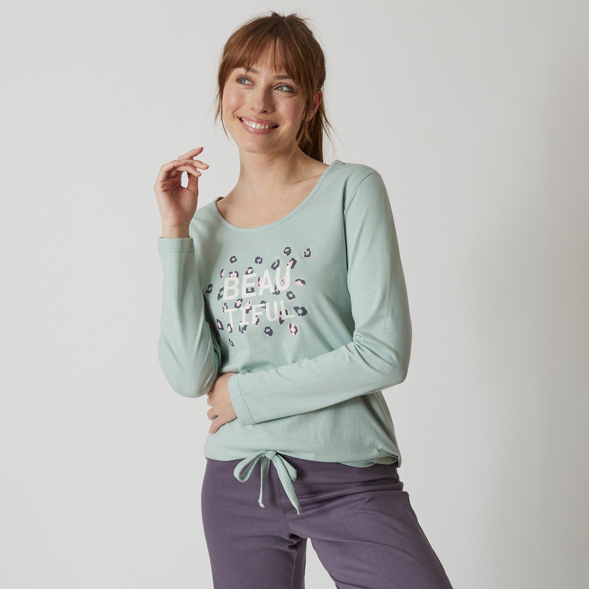 Tee-shirt manches longues coton uni imprimé placé 