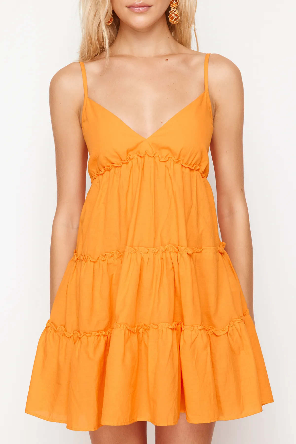 Trendyol Collection  Orangefarbenes Mini-Strandkleid mit gewebten Rüschen aus 100 % Baumwolle TBESS24EL00069
