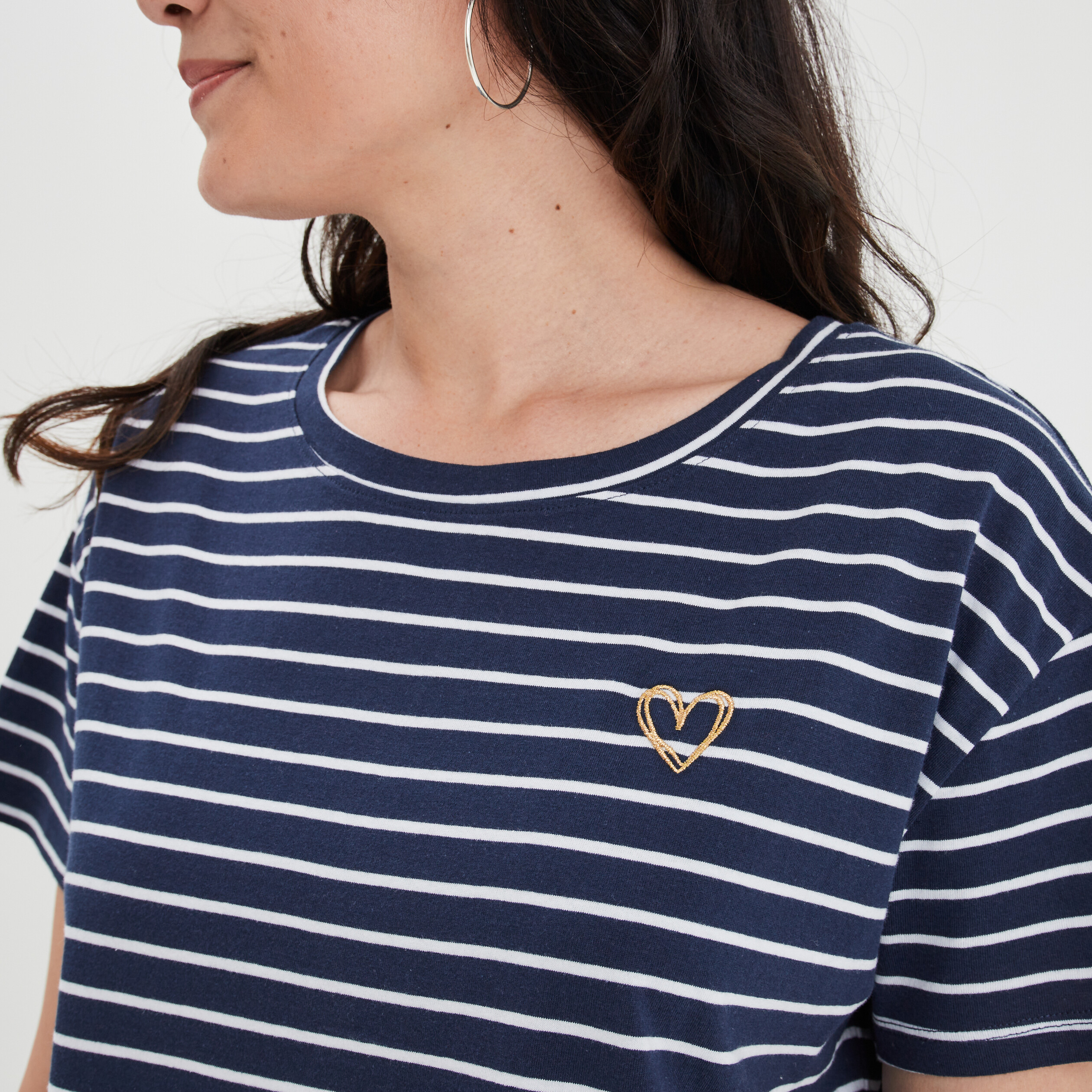 T-shirt oversize broderie devant coton bleu marine femme | La Halle