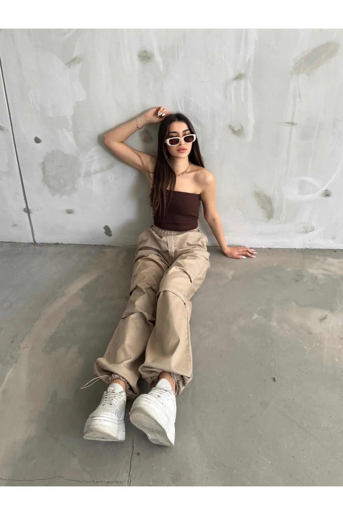 BİKELİFE  Beigefarbene Fallschirmhose für Damen