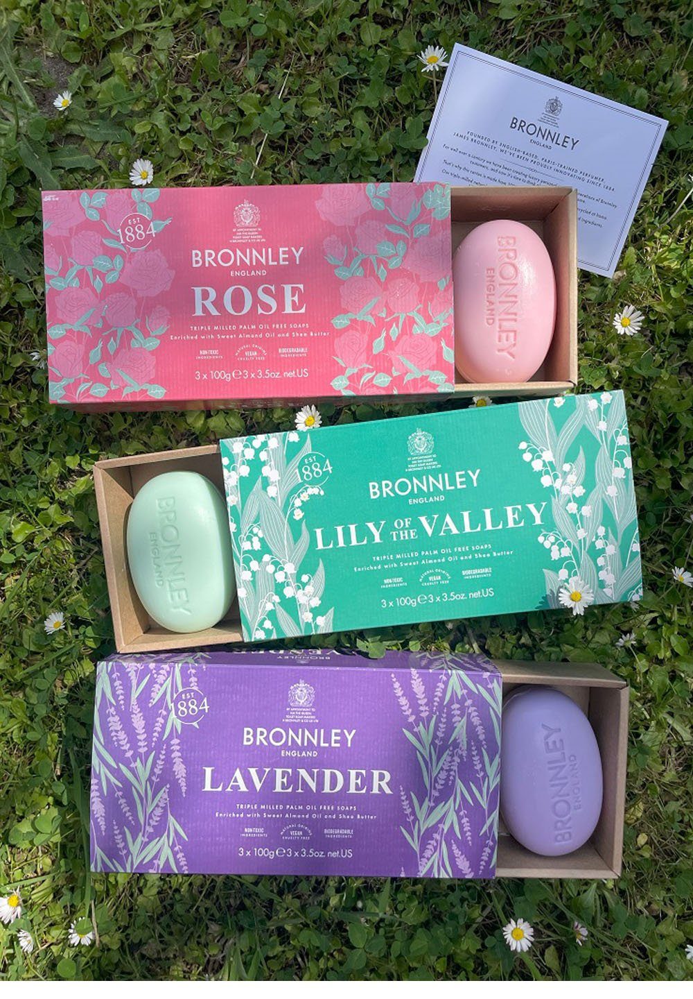 Bronnley Handseife Rose 300 g, Triple Milled Soap in Geschenkbox 3x100 g