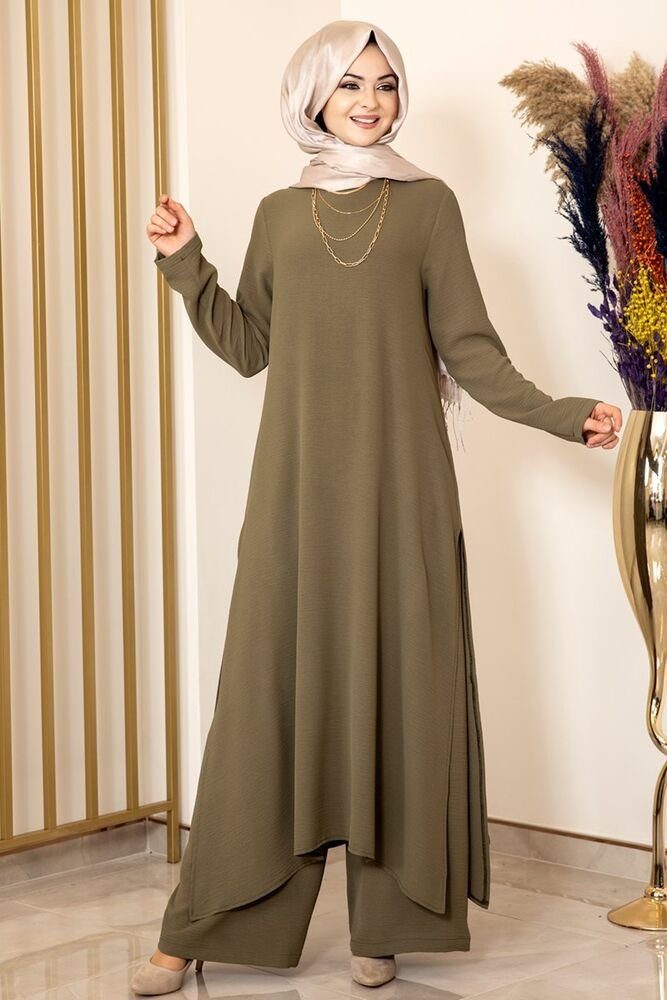 Modavitrini Longtunika Damen Anzug Zweiteiler Khaki Longtunika mit Hose Hijab Kleidung (Zweiteilig, Tunika mit Hose)