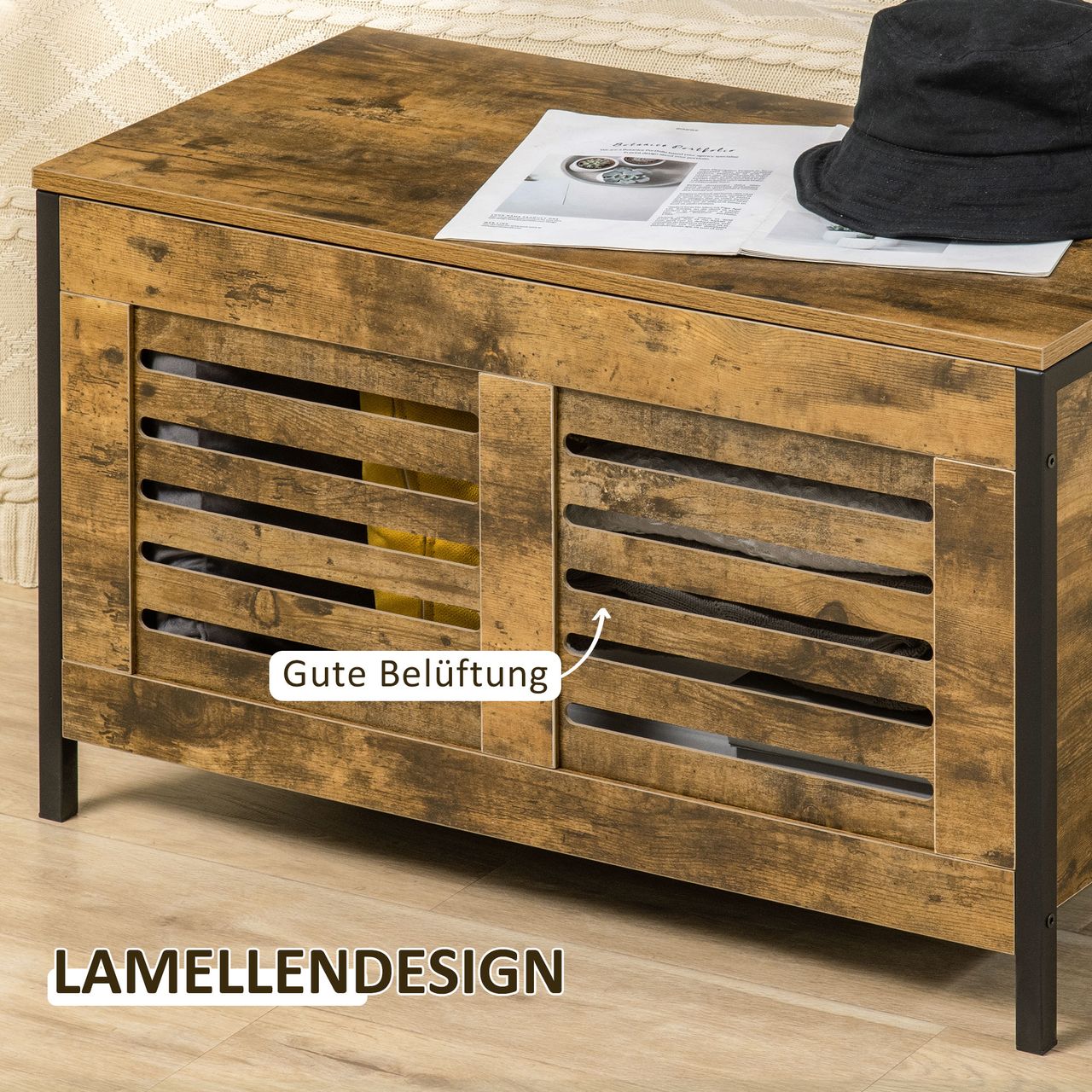 HOMCOM Sitztruhe, Sitzbank, Truhe, Aufbewahrungsbox, Auflagenbox mit Deckel
