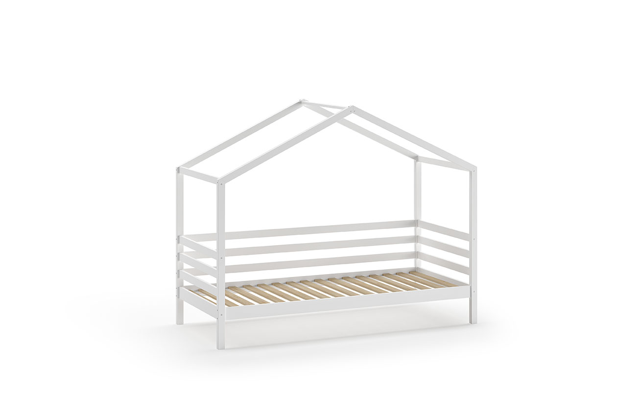 VIPACK Hausbett mit seitlicher Umrandung 90 x 200 cm Liegefläche, inkl. Rolllattenrost, Ausf. Kiefer Weiß lackiert