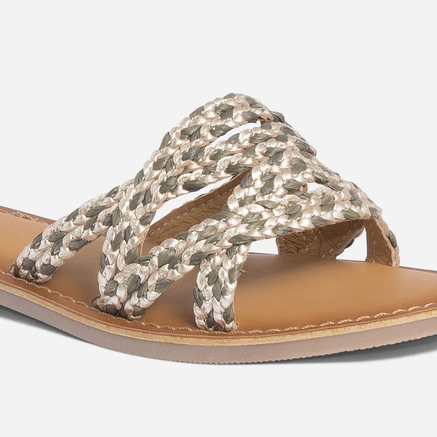 Mule TEXTO dorée et kaki en cuir et raphia tressé
