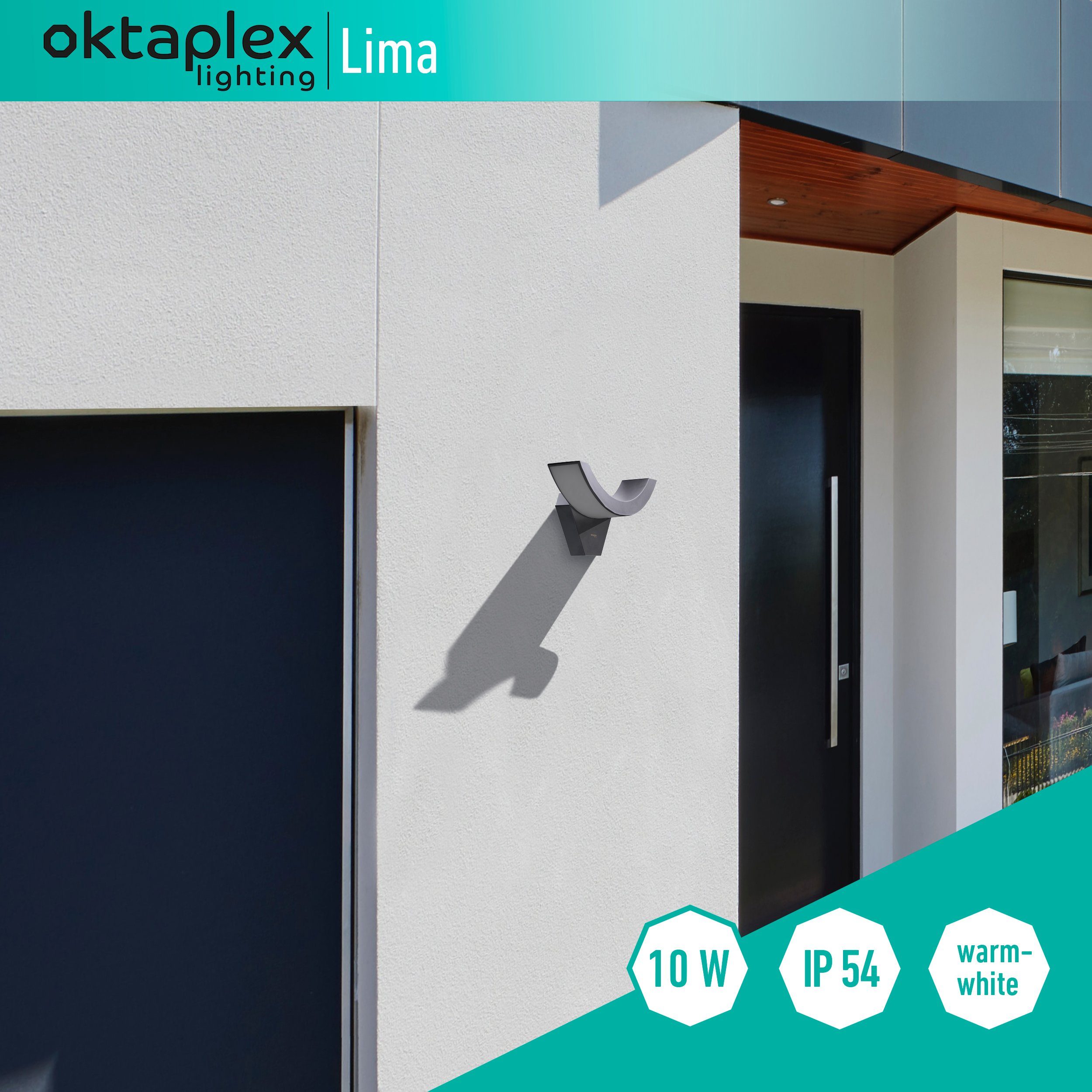 Oktaplex lighting LED Außen-Wandleuchte Lima, ohne Bewegungsmelder, LED fest integriert, warmweißes Licht, IP54 Aussenleuchte 750 Lumen anthrazit