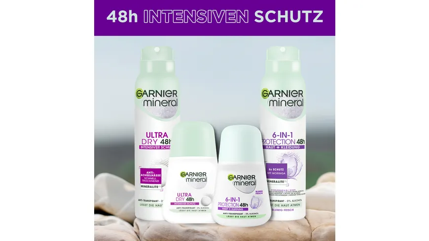 Garnier Mineral Deo Roller Protection 5 - 48h Anti-Schweiß für ein lang anhaltendes Gefühl von Frische ohne Rückstände 50 ml