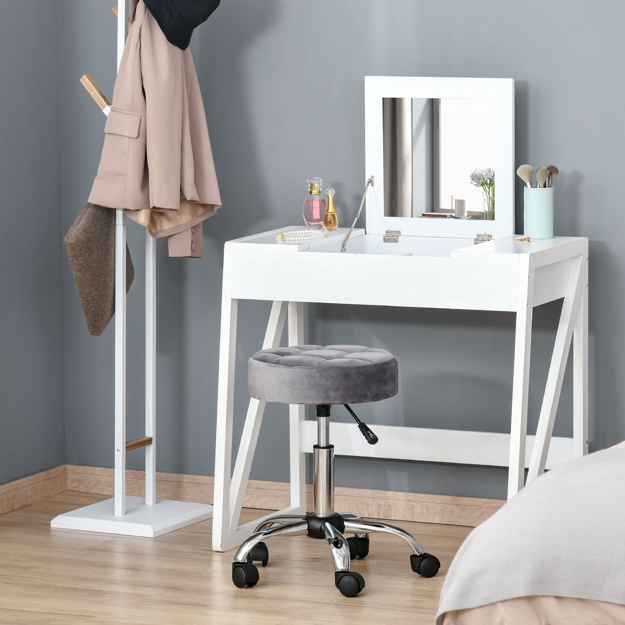 HOMCOM Salonstuhl mit Rädern Rollhocker höhenverstellbar drehbar Salon Hocker Samt-Touch Schaumstoff Chrom-Basis Grau 35 x 35 x 49-61 cm