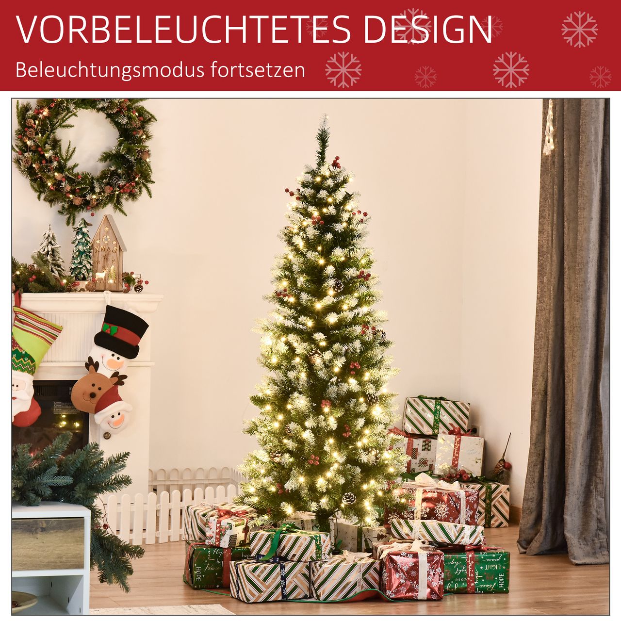 HOMCOM Weihnachtsbaum 1,5 m Christbaum Tannenbaum mit 25 roten Beeren Tannenzapfen LED-Lichter Kunsttanne 408 Zweige PVC Stahl Grün Weiß Ø53 x 150 cm