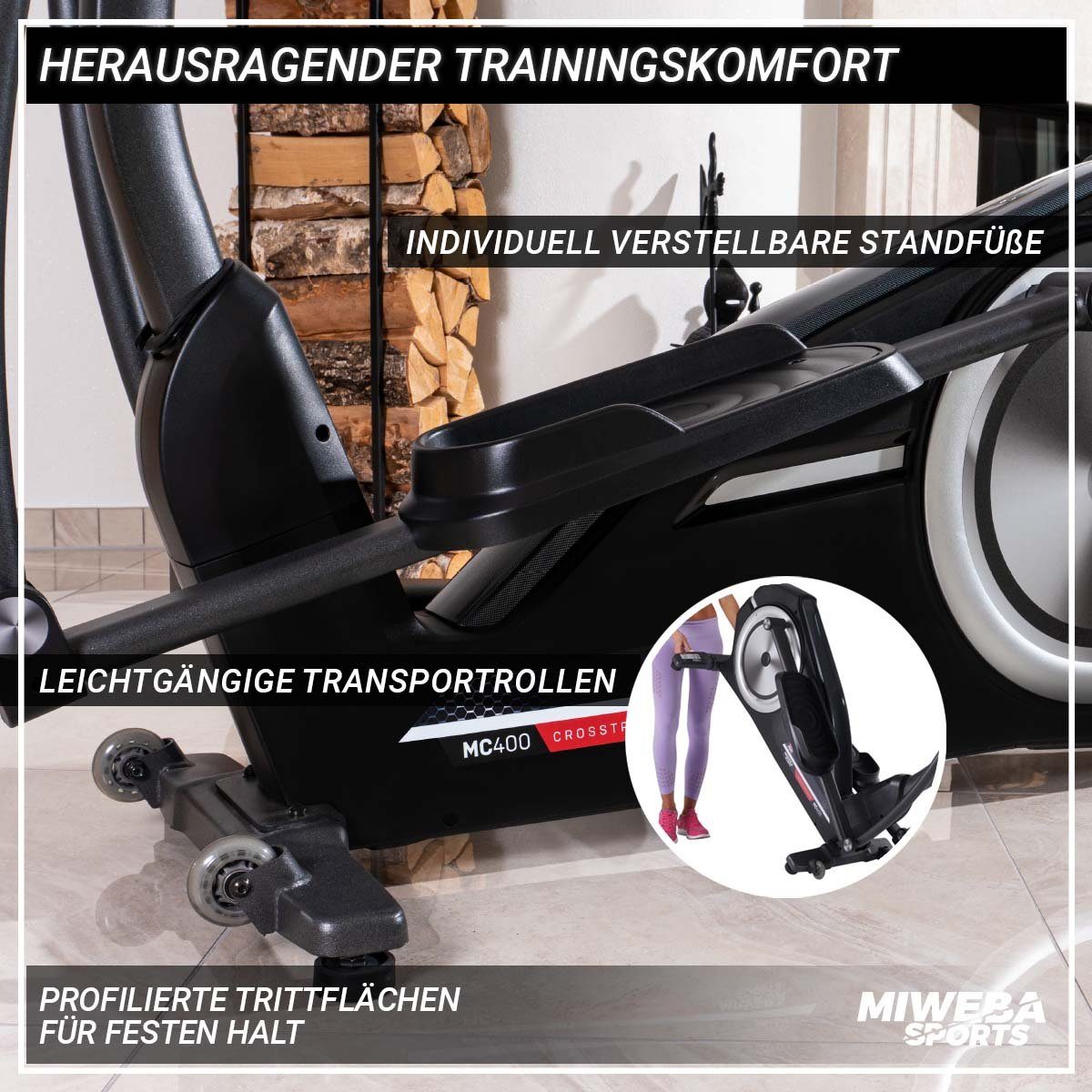 Miweba Sports Ellipsentrainer Profi Crosstrainer MC400 - 27 kg Schwungmasse & Magnetbremse (32 Intensitätsstufen, 10 Trainings Programme, Sportgeräte Fitnessgeräte für zu hause, verstellbar, 1-tlg., Zwift App & Streaming-Funktion, 150 kg max. Benutze