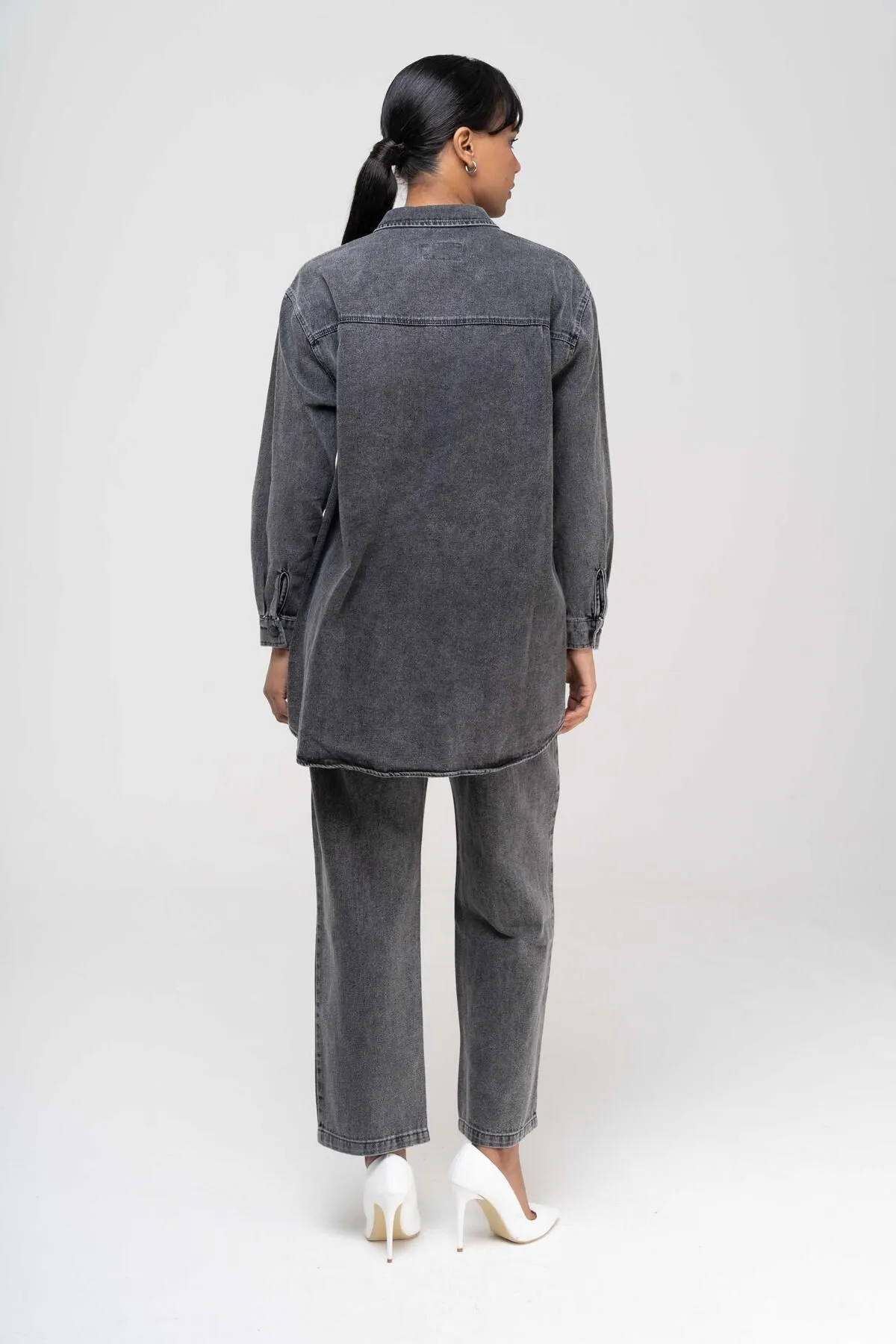 Olcay  Tuniği Jeansanzug mit Steinerbsen und Hose mit elastischer Taille ANTHRAZIT 9225-TK