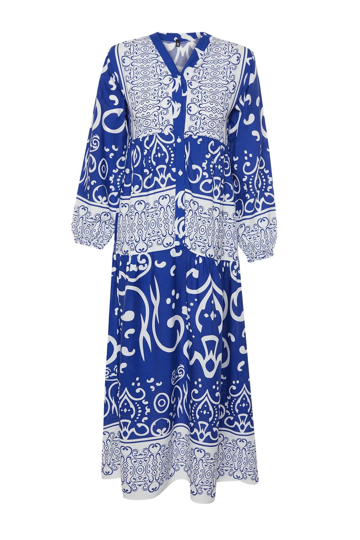 Trendyol Modest  Blaues Viskosekleid mit Schalkragen und Knopfleiste TCTSS24EB00244