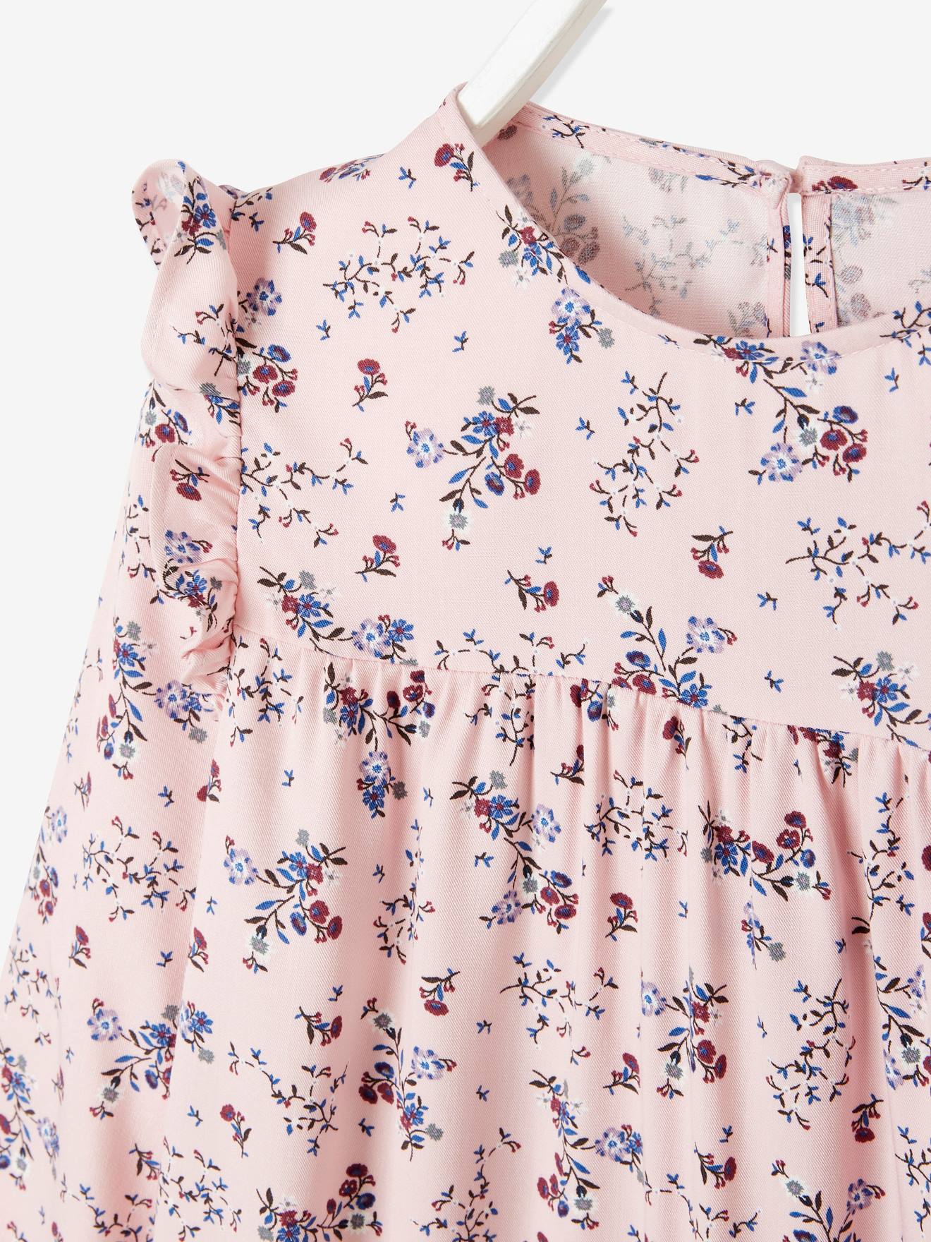 Robe imprimée fleurs manches volantées fille bleu nuit