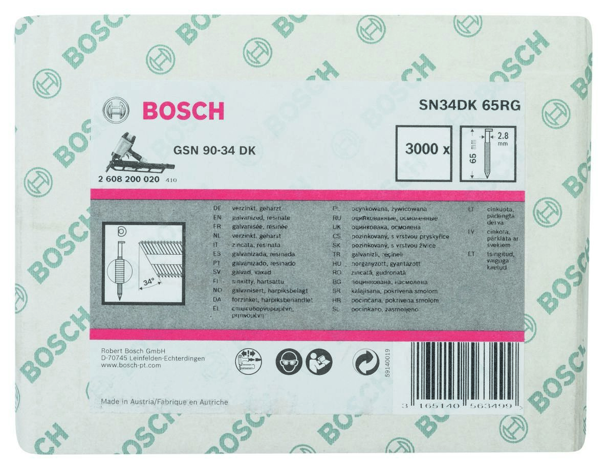 Bosch Blue Accessories 2608200020 SN34 DK 65RG Gwoździe taśmowe 34° D-Head ocynkowane z pierścieniem 65 mm 3000 sztuk
