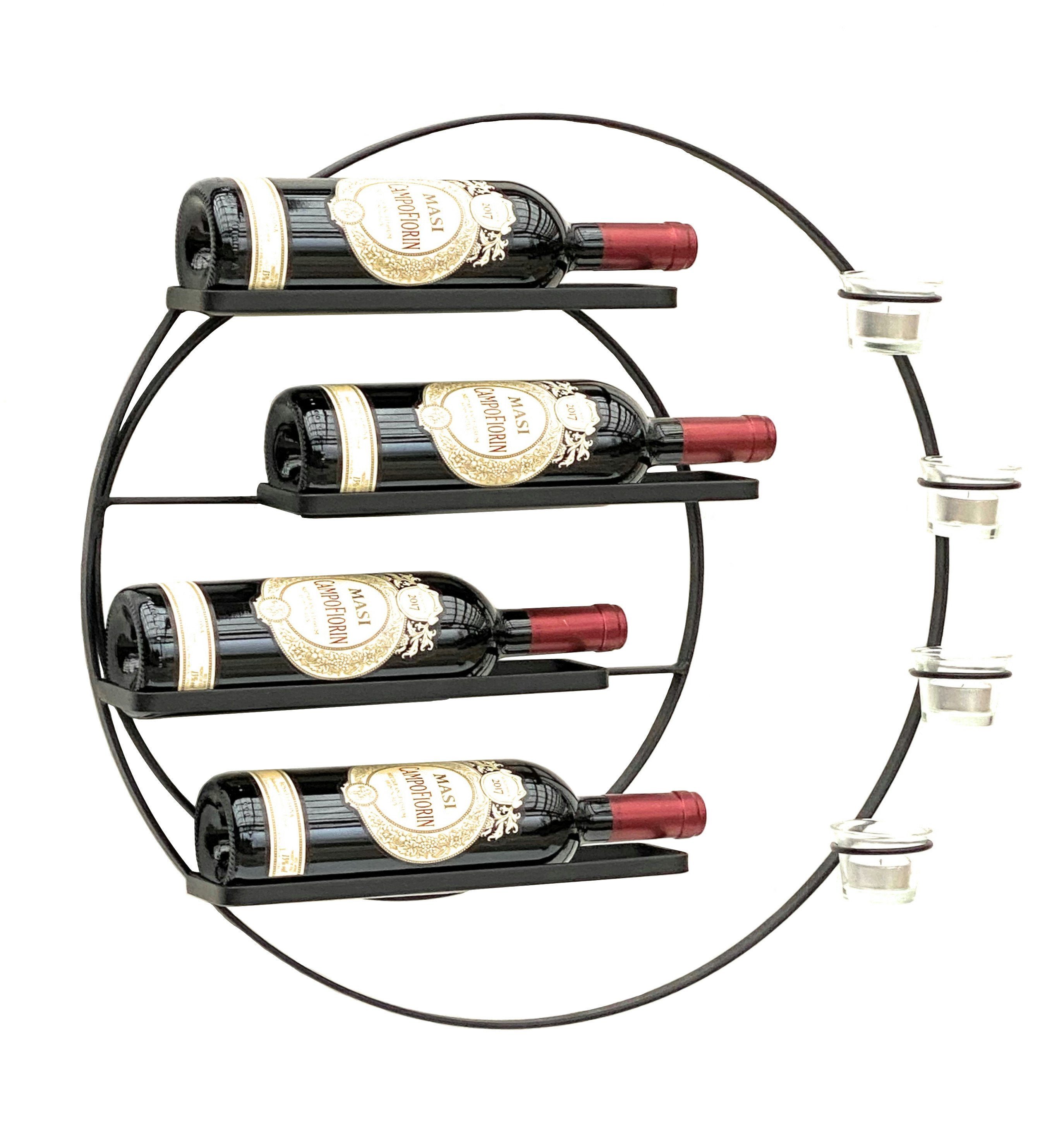 DanDiBo Weinregal für 4 Flaschen und Teelichter Metall 55 cm Wand Schwarz Vivace 96214 Rund Flaschenregal Flaschenhalter Wandmontage Modern Wandhalter Wandregal, Inklusive 4 x Teelichtgläser und Befestigungsmaterial