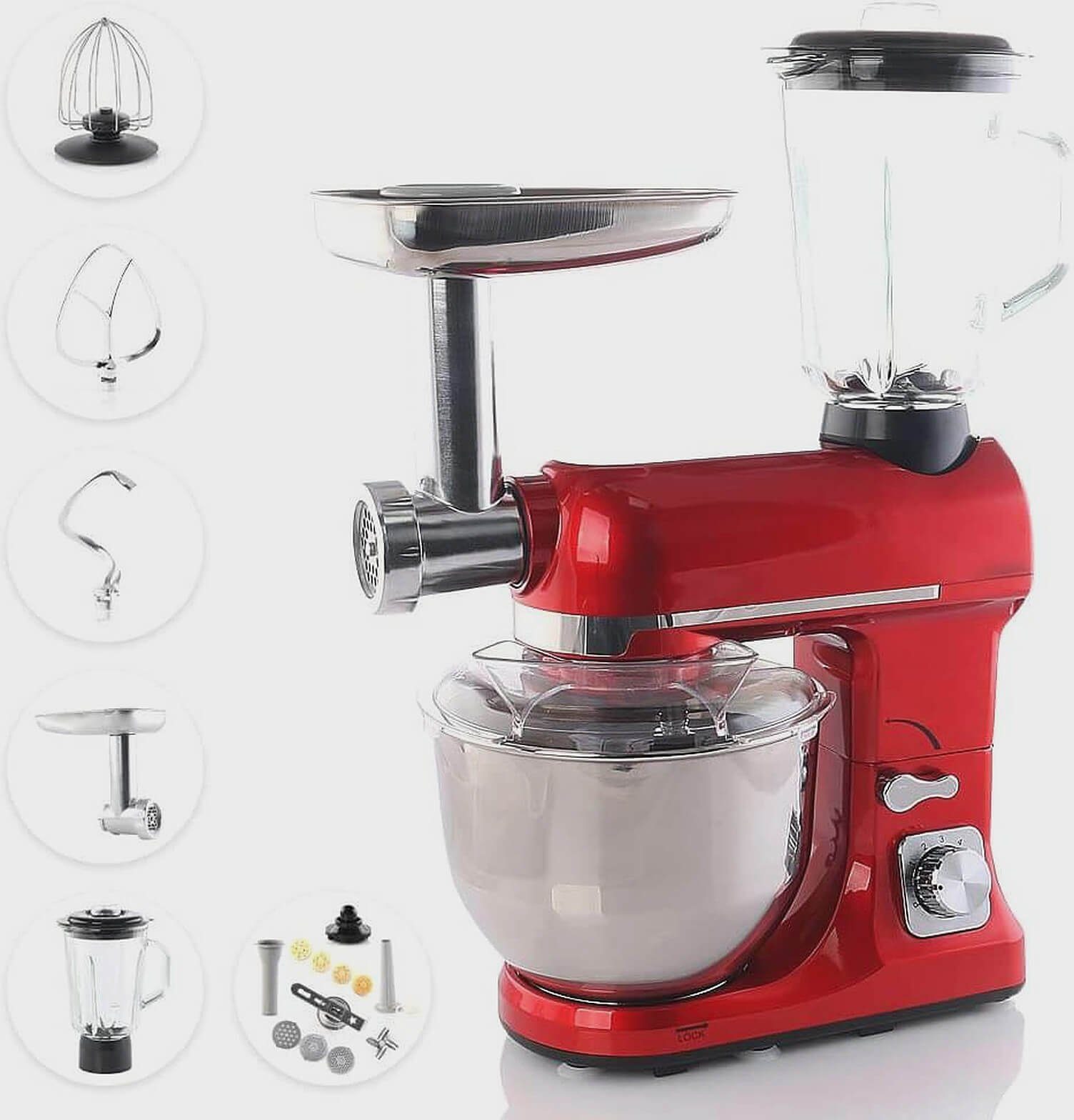 Topmatic Küchenmaschine PKM-1800.1BG Multifunktion Mixer 1800W Teigmaschine Fleischwolf, 1800 W, 5,00 l Schüssel, Spritzgebäckvorsatz, Entriegelungsmechanismus für Multifunktionsarm