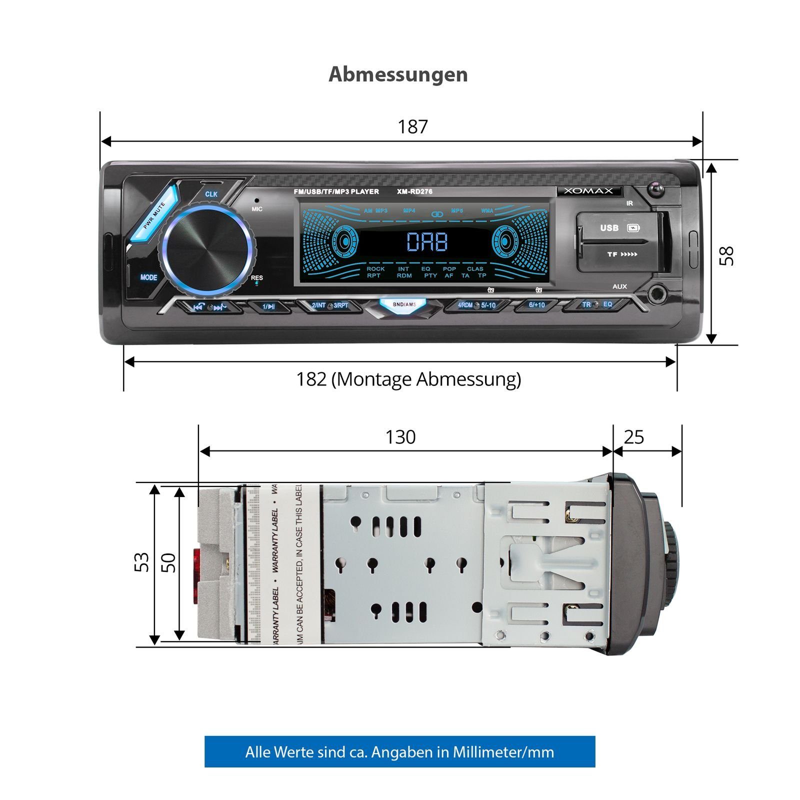 XOMAX XM-RD276 Autoradio mit DAB+ plus, Bluetooth, 2x USB, SD, AUX, 1 DIN Autoradio