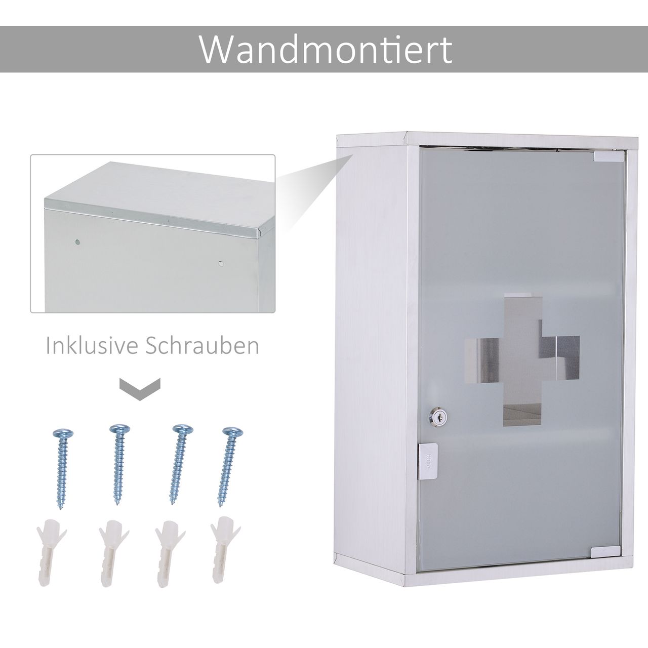 HOMCOM Medizinschrank Arzneischrank Erste Hilfe Schrank mit Schloss Edelstahl 30 x 18 x 50 cm