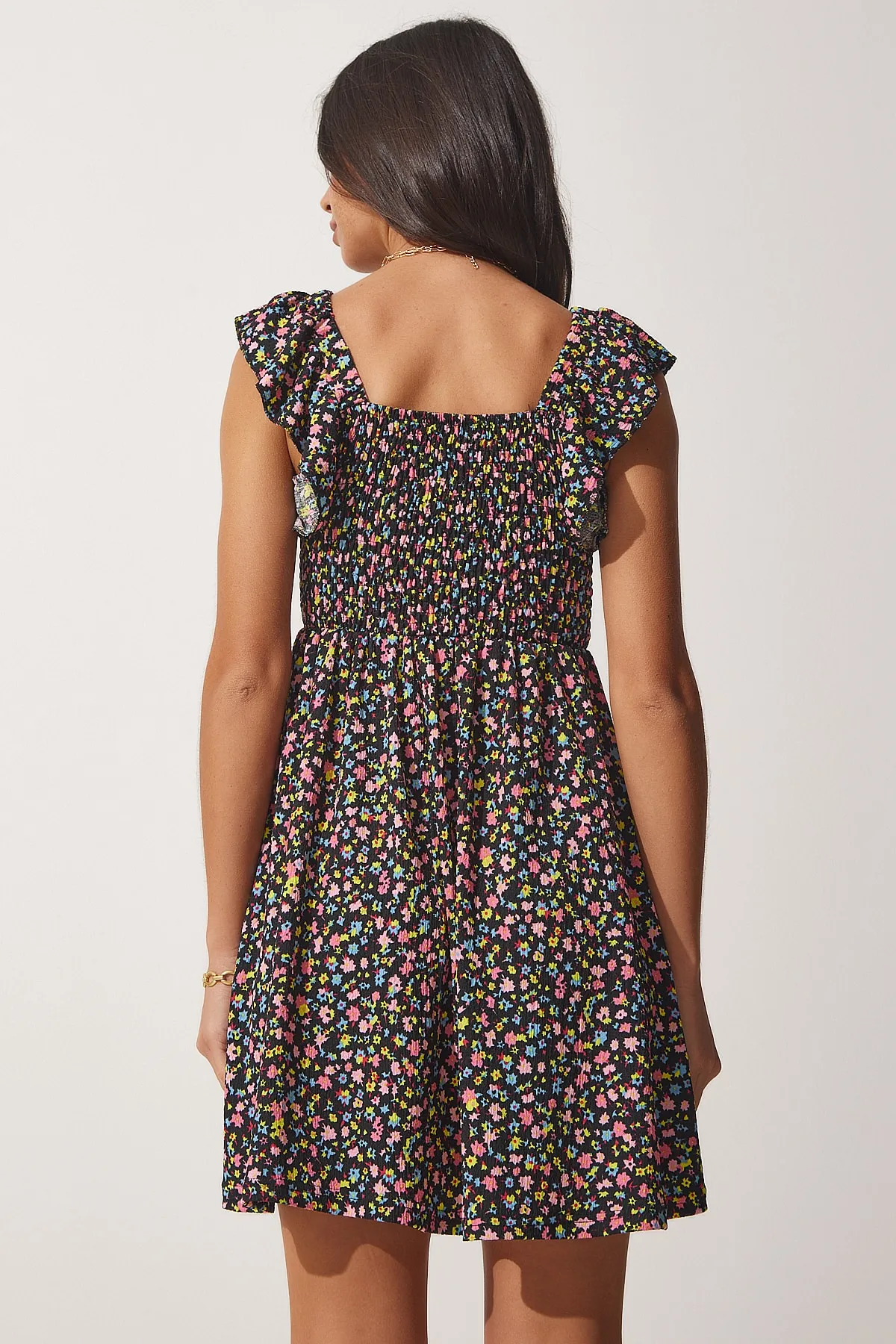 Happiness İstanbul  Damen-Sommerkleid aus Viskose mit Blumenmuster in Schwarz und Rosa FF00131