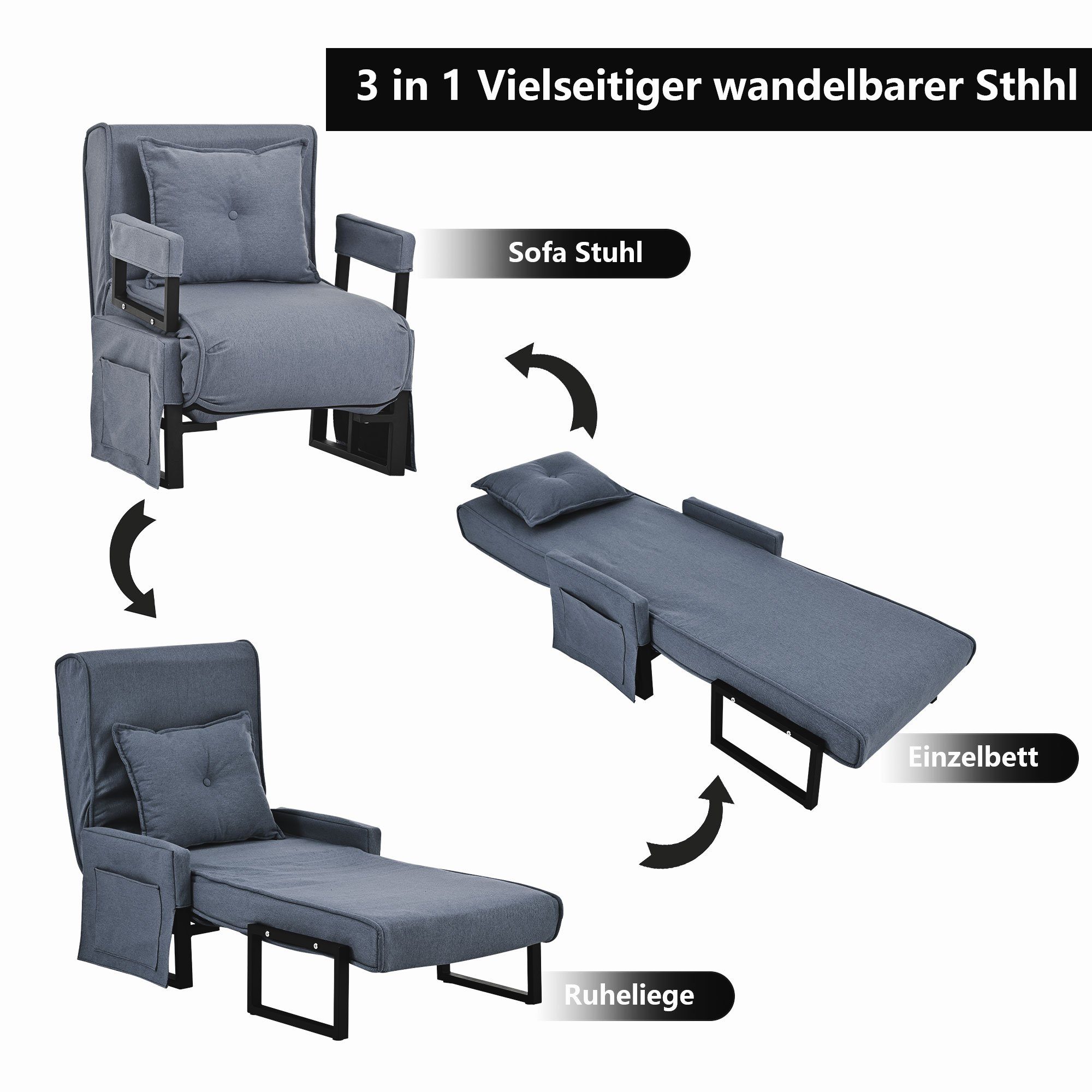 Merax Relaxsessel 3-in-1 faltbar mit Leinenbezug und Metallrahmen, Schlafsessel, Liegesessel mit 6 Fach vestellbarer Rücklehne, Relaxliege umwandelbar