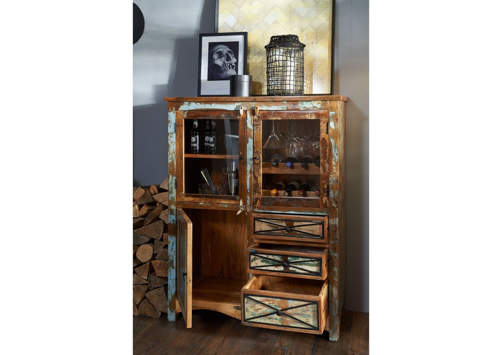 Massivmoebel24 Highboard Highboard Altholz 106x45x136 mehrfarbig lackiert NATURE OF SPIRIT #113
